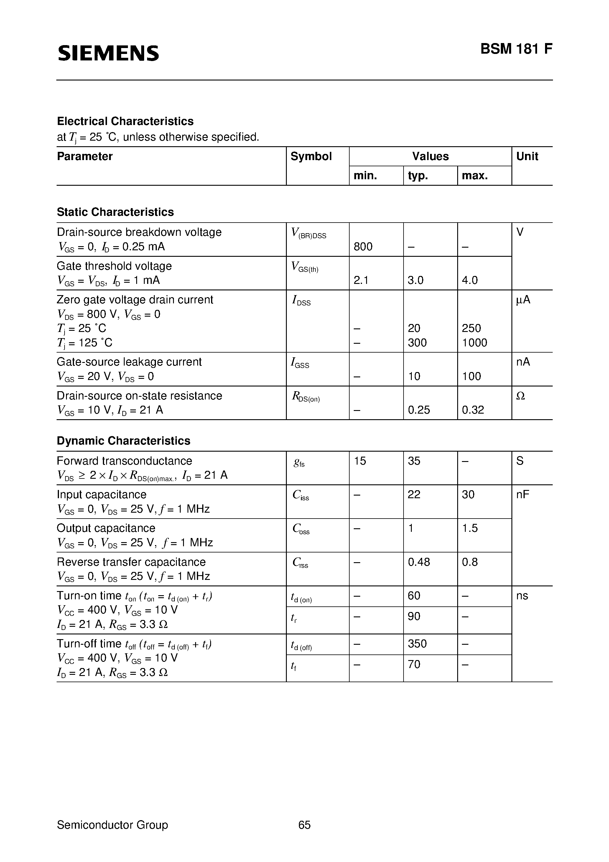 Datasheet BSM181F - SIMOPAC Module (Power module Single switch FREDFET N channel Enhancement mode) page 2