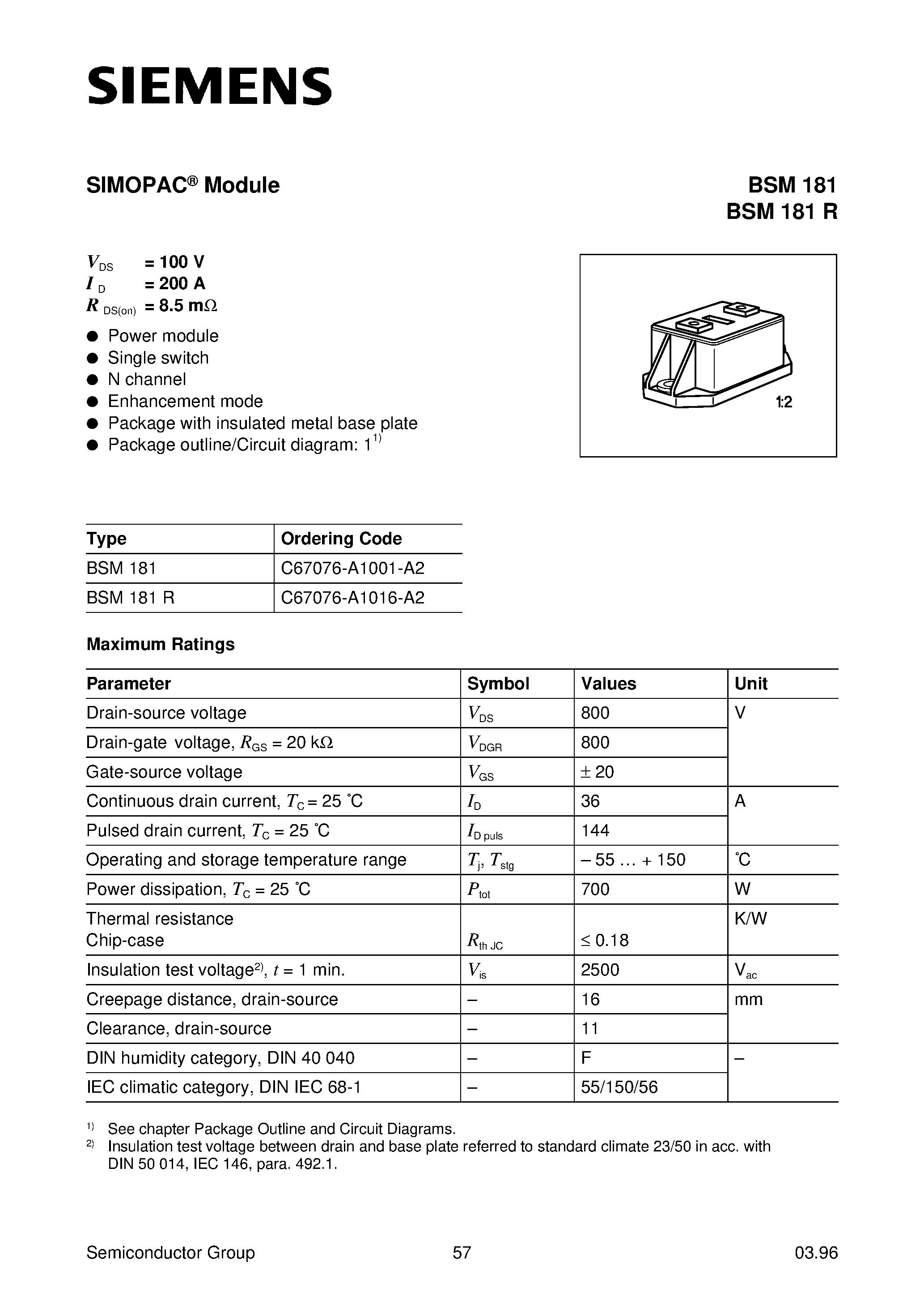 Datasheet BSM181R - SIMOPAC Module (Power module Single switch N channel Enhancement mode) page 1