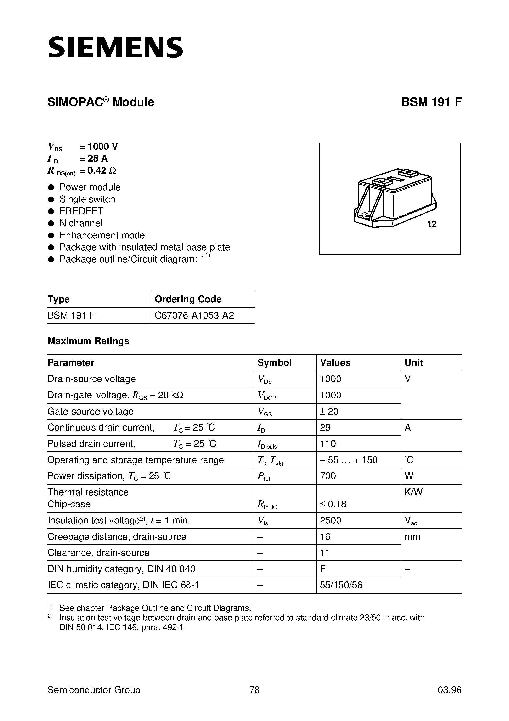 Datasheet BSM191F - SIMOPAC Module (Power module Single switch FREDFET N channel Enhancement mode) page 1