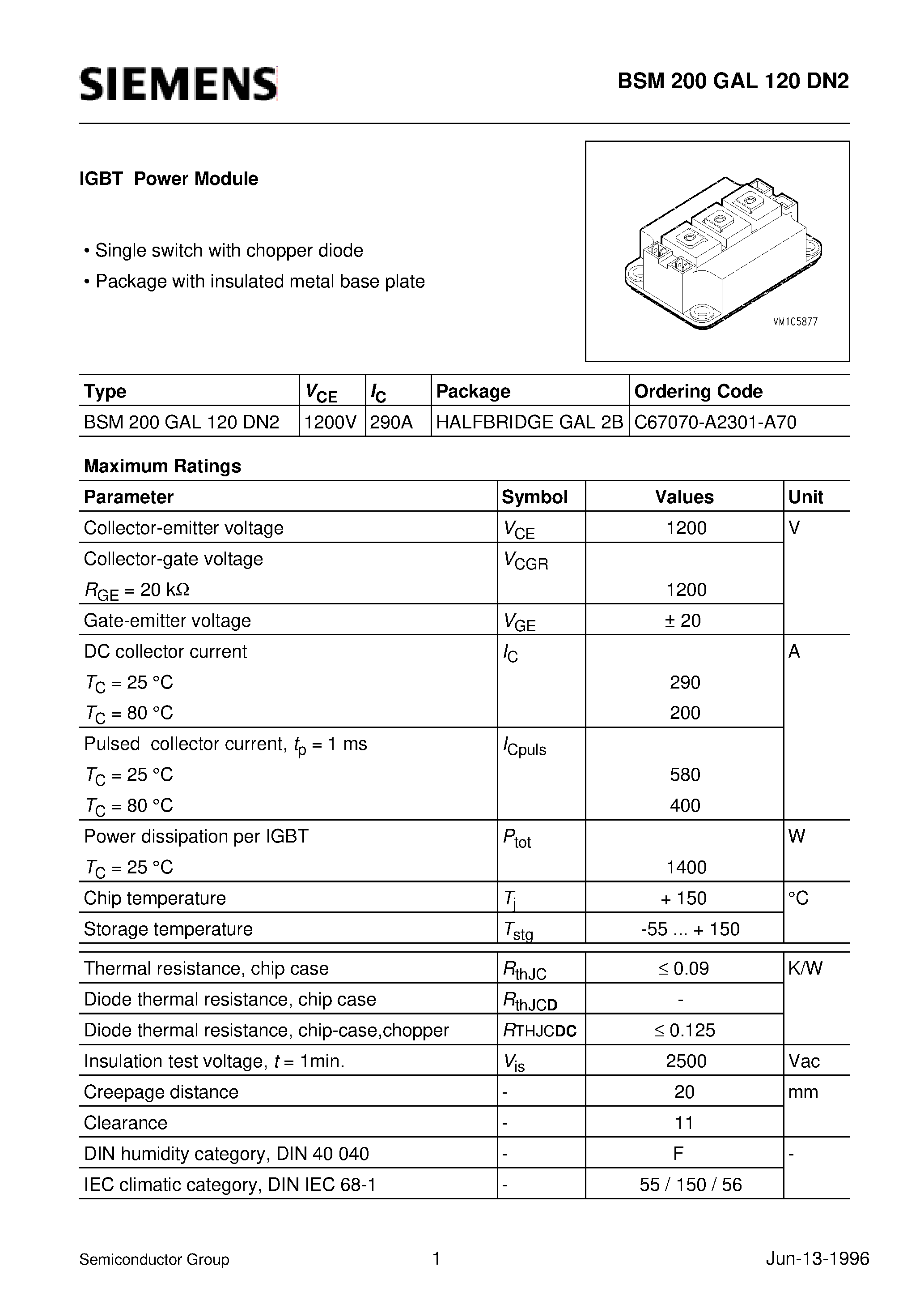 Datasheet BSM200GAL120DN2 page 1 Datasheet BSM200GAL120DN2 - IGBT Power Module (Single switch with chopper diode Package with insulated metal base plate) page 1