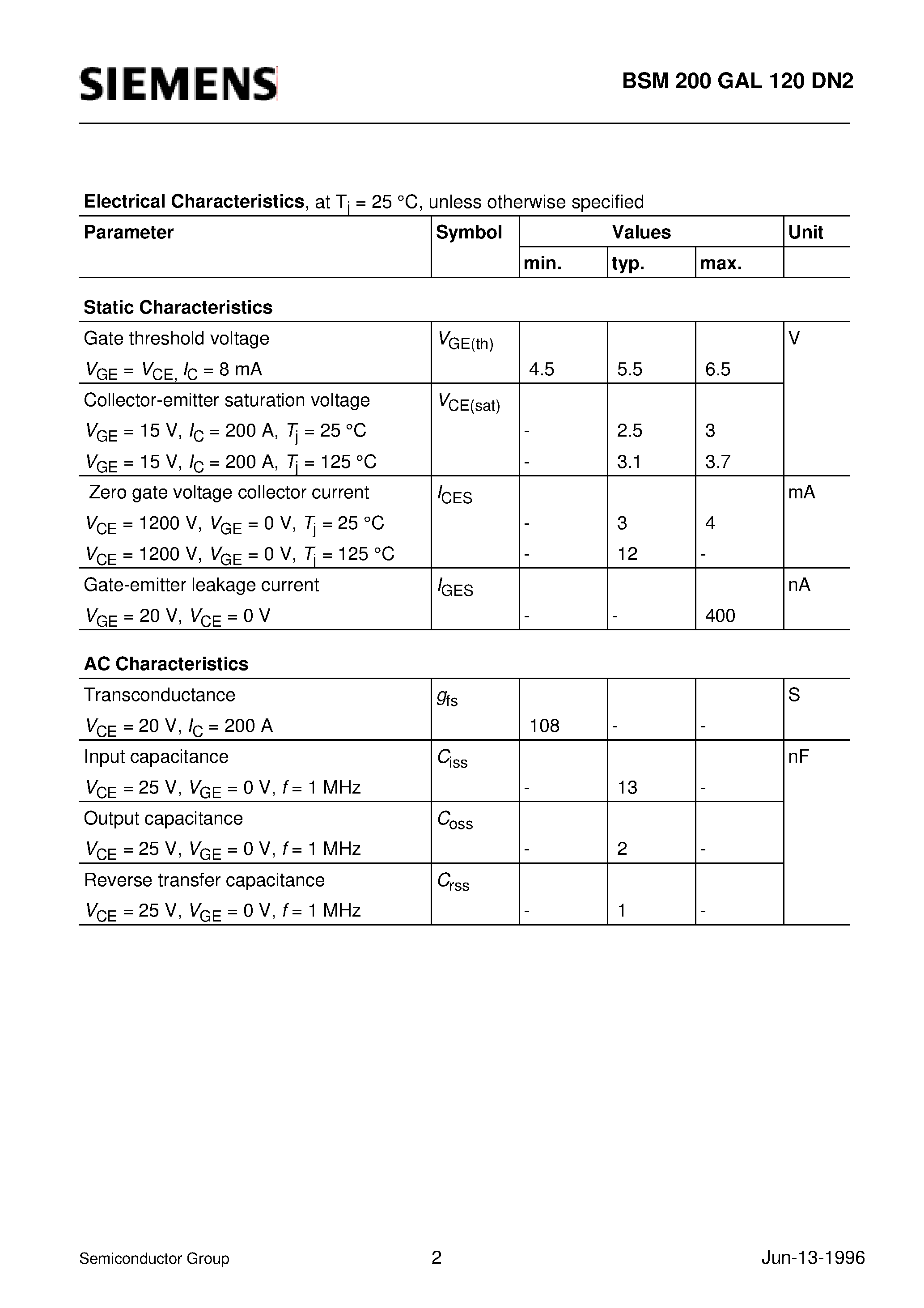 Datasheet BSM200GAL120DN2 page 2 Datasheet BSM200GAL120DN2 - IGBT Power Module (Single switch with chopper diode Package with insulated metal base plate) page 2