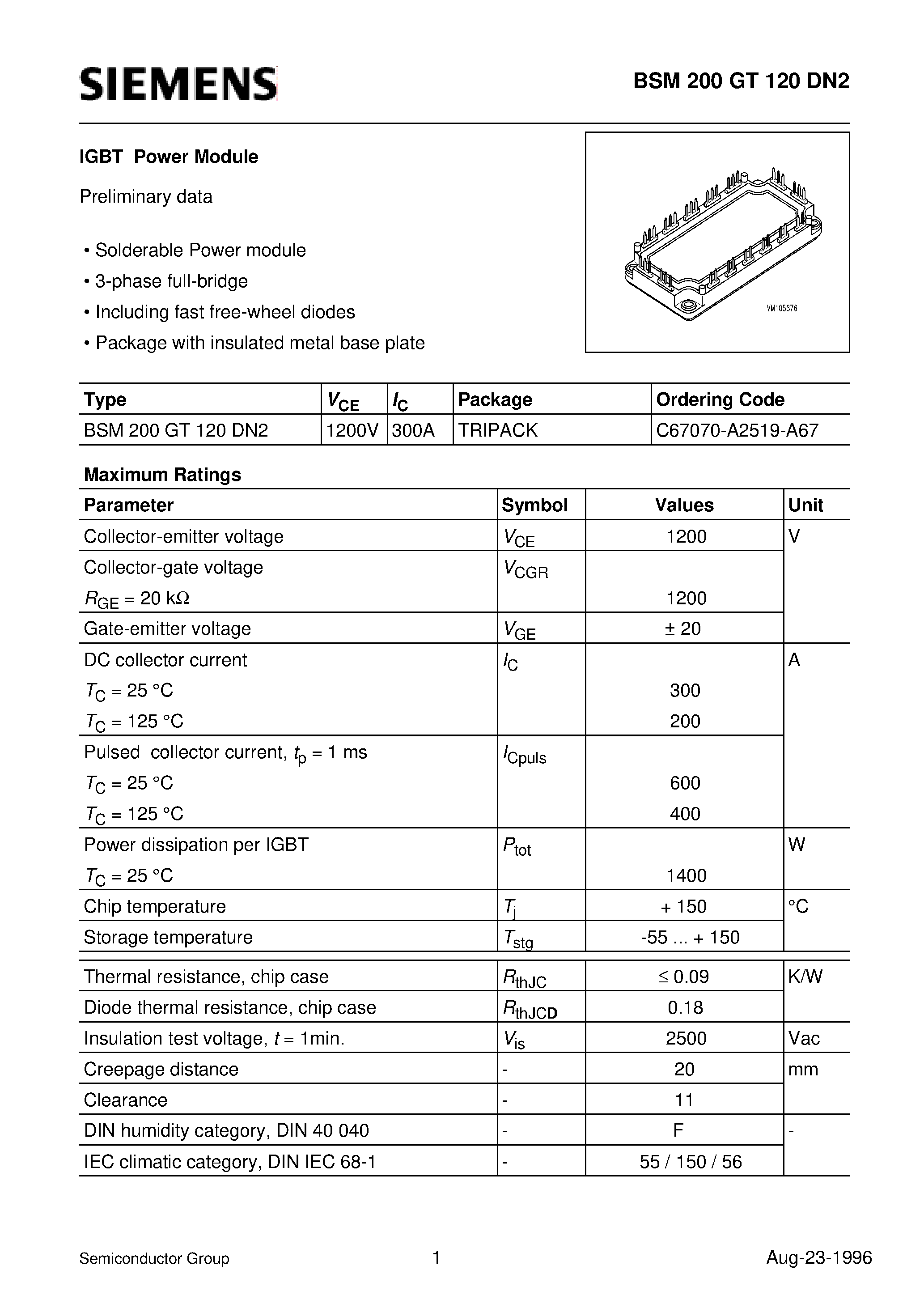 Datasheet BSM200GT120DN2 page 1 Datasheet BSM200GT120DN2 - IGBT Power Module (Solderable Power module 3-phase full-bridge Including fast free-wheel diodes) page 1
