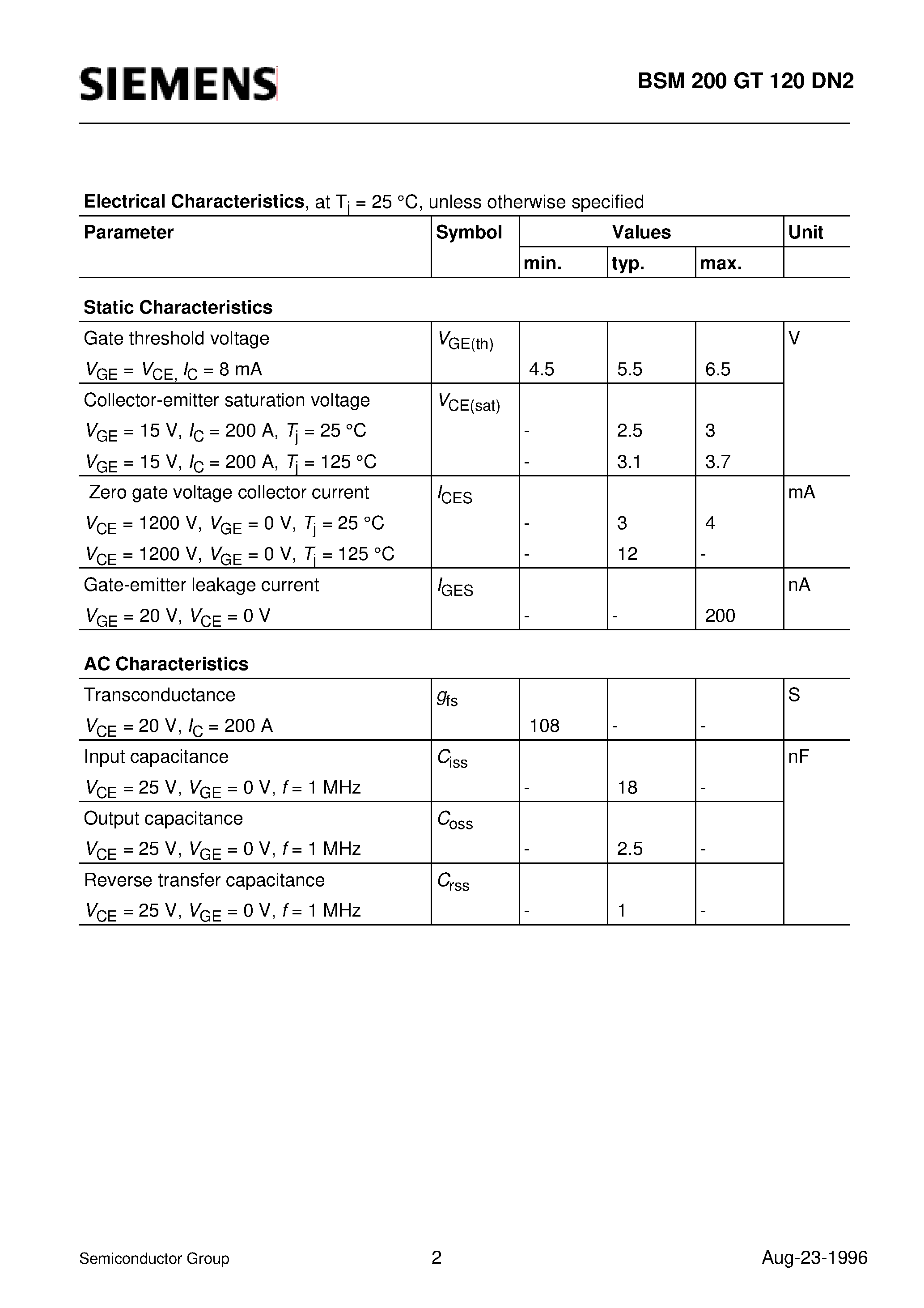 Datasheet BSM200GT120DN2 page 2 Datasheet BSM200GT120DN2 - IGBT Power Module (Solderable Power module 3-phase full-bridge Including fast free-wheel diodes) page 2