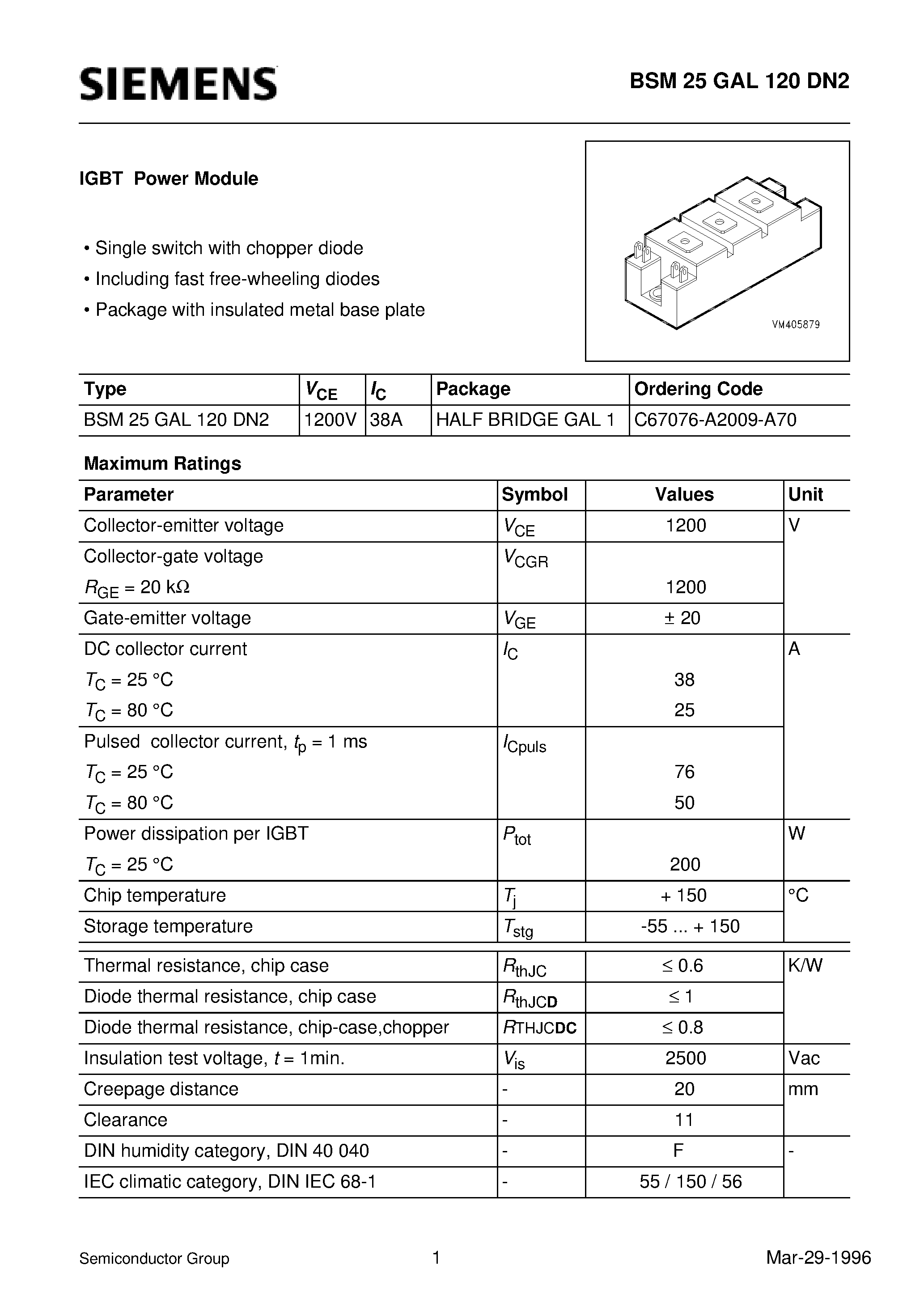 Даташит BSM25GAL120DN2 - IGBT Power Module (Single switch with chopper diode Including fast free-wheeling diodes Package with insulated metal base plate) страница 1