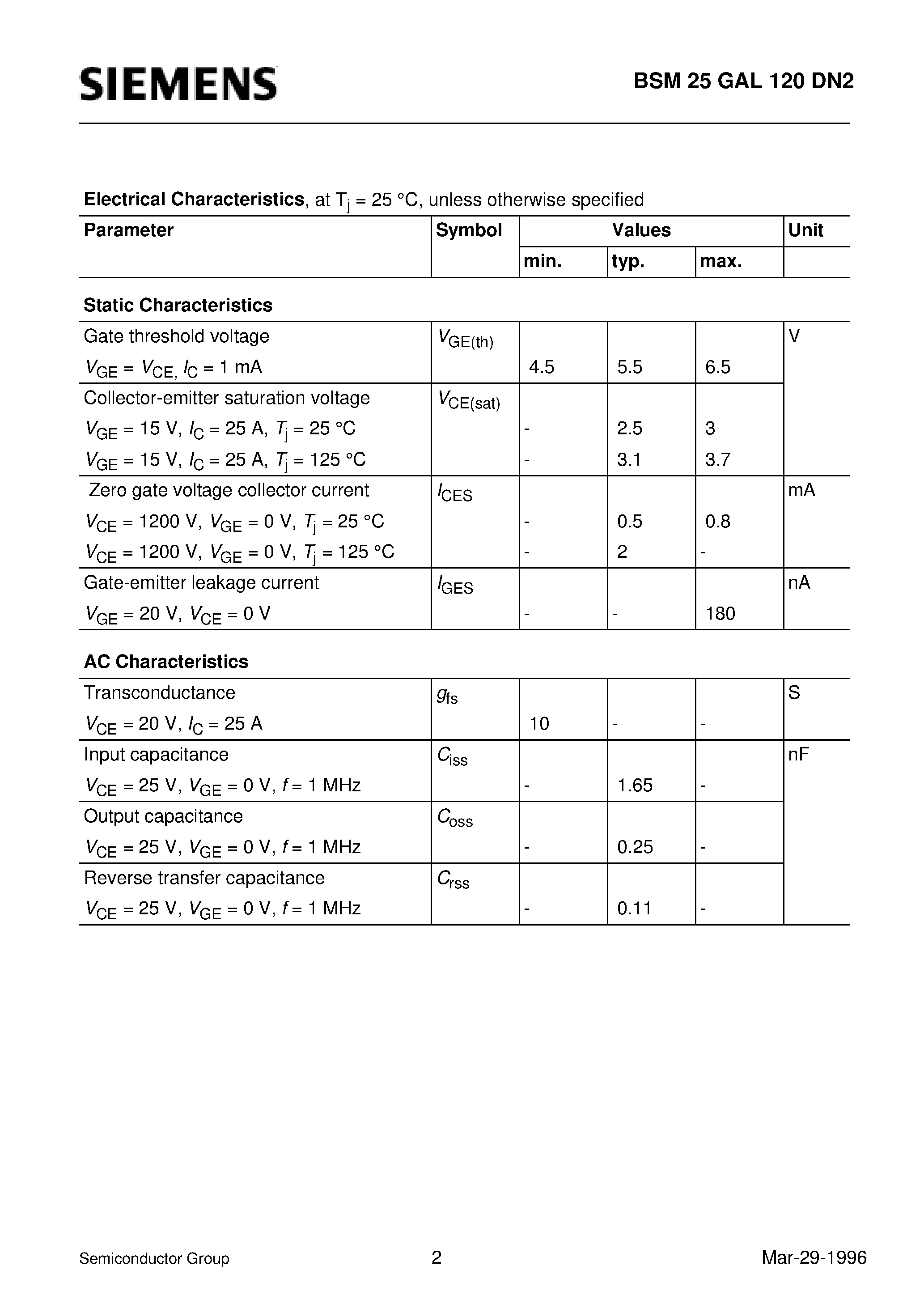 Даташит BSM25GAL120DN2 - IGBT Power Module (Single switch with chopper diode Including fast free-wheeling diodes Package with insulated metal base plate) страница 2