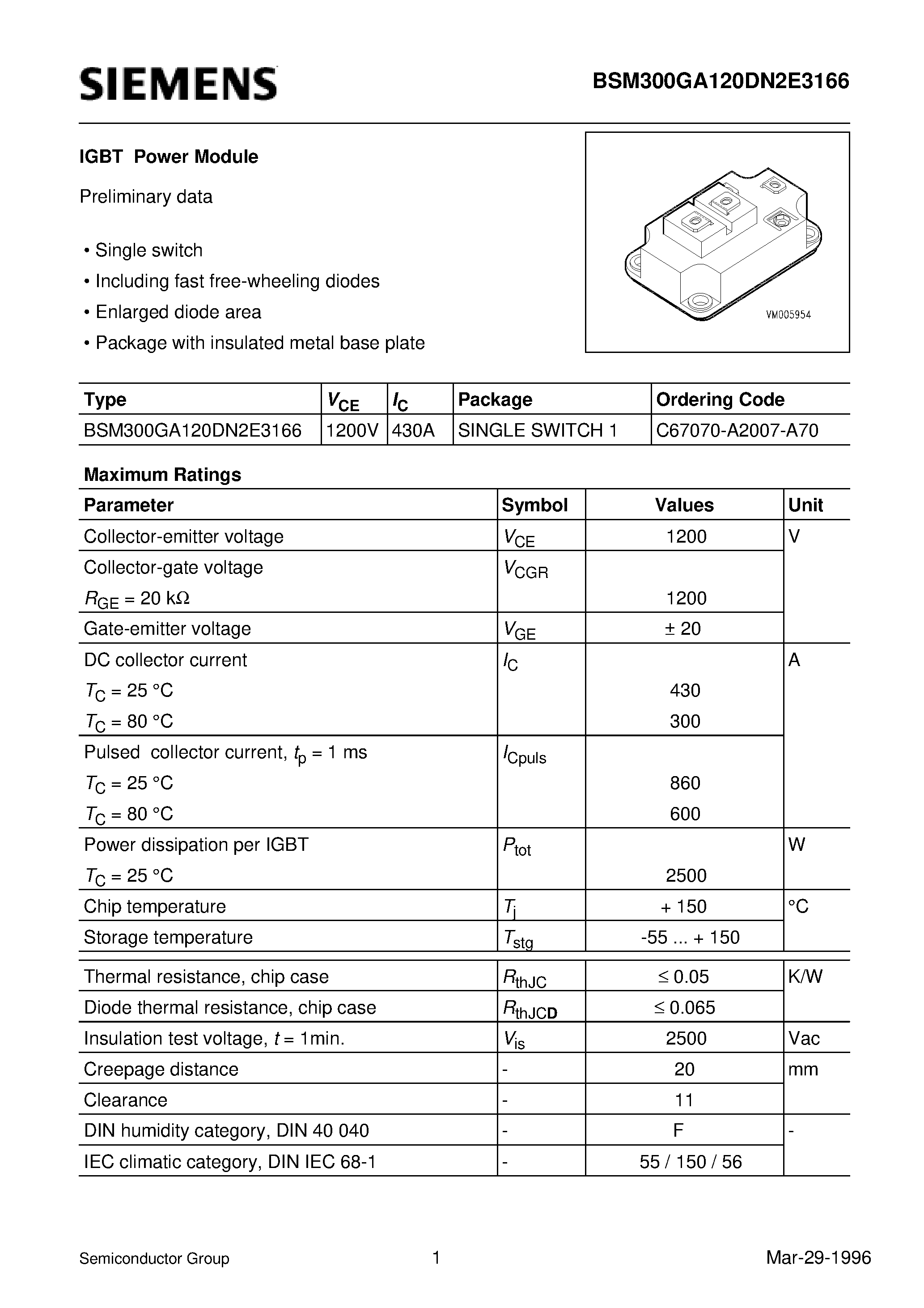 Datasheet BSM300GA120DN2E3166 - IGBT Power Module (Single switch Including fast free-wheeling diodes Enlarged diode area) page 1