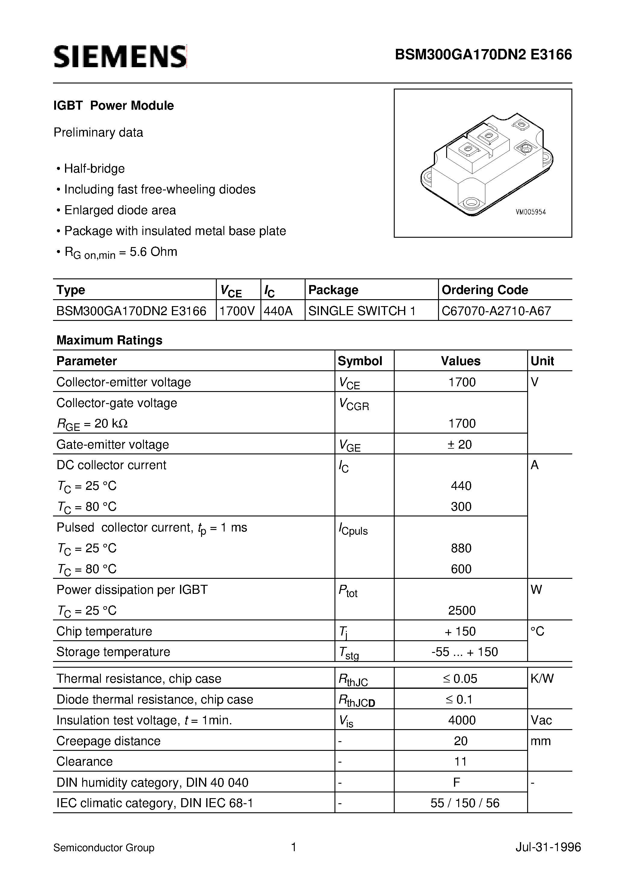 Datasheet BSM300GA170DN2E3166 - IGBT Power Module (Half-bridge Including fast free-wheeling diodes Enlarged diode area) page 1