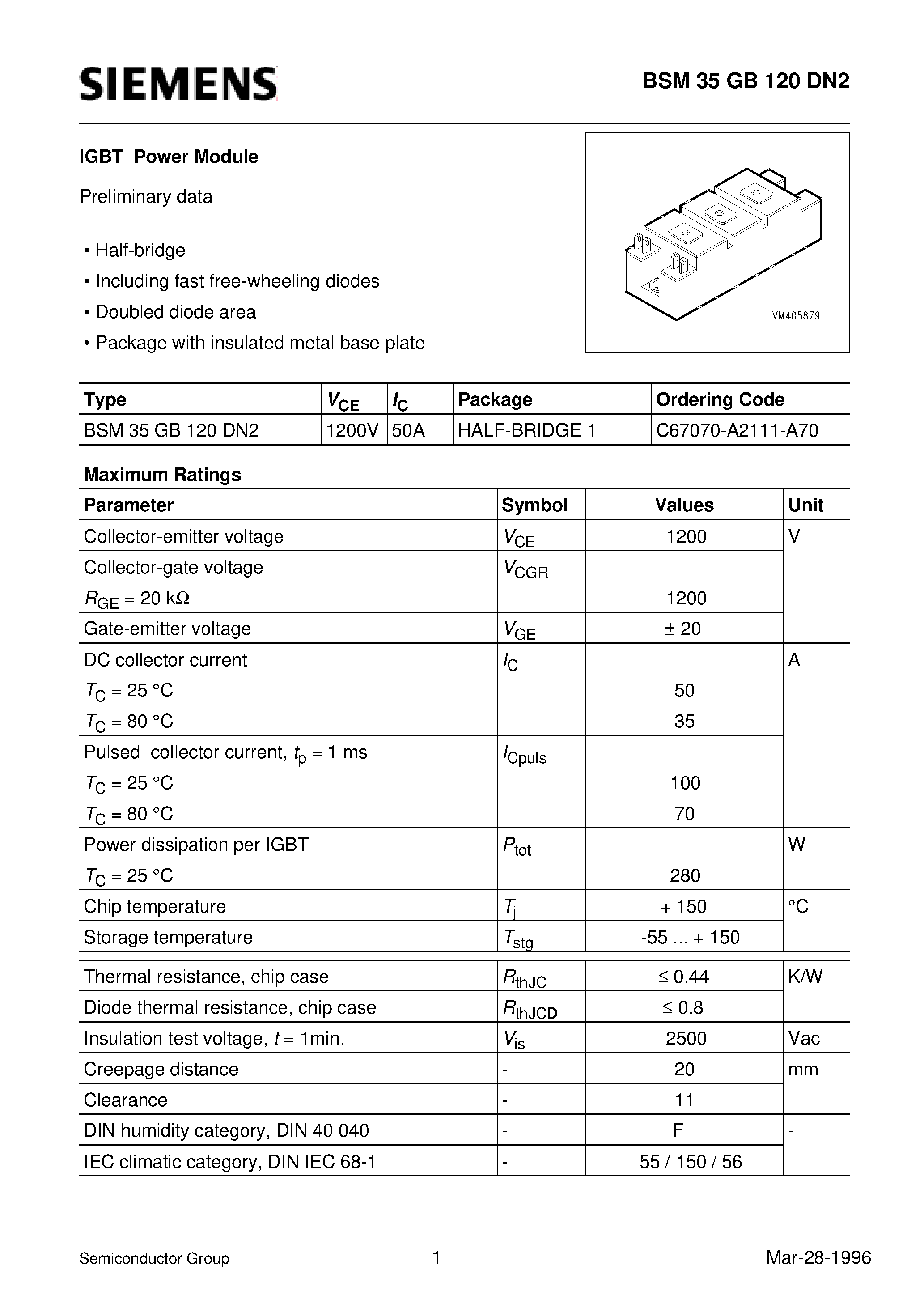 Даташит BSM35GB120DN2 - IGBT Power Module (Half-bridge Including fast free-wheeling diodes Doubled diode area) страница 1