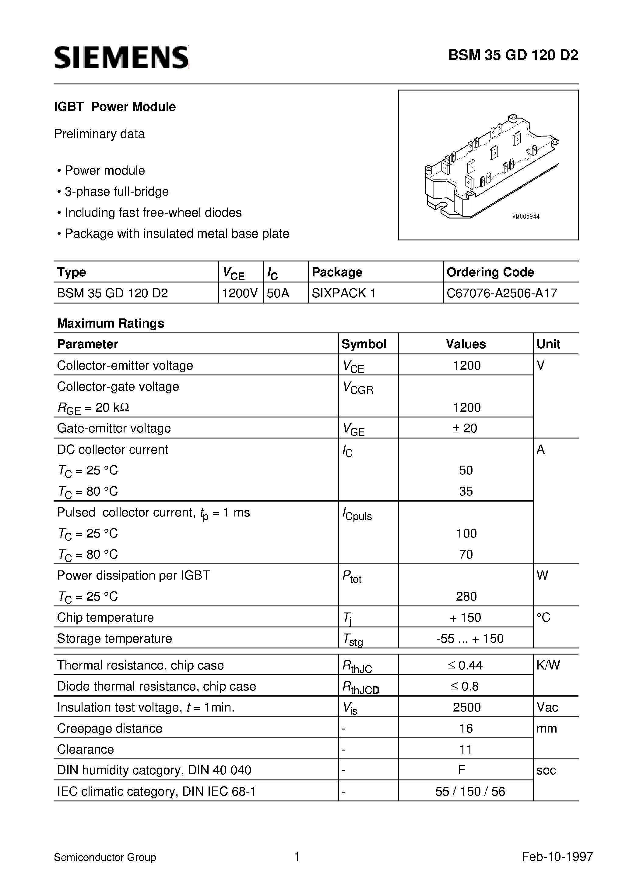Datasheet BSM35GD120D2 page 1 Datasheet BSM35GD120D2 - IGBT Power Module (Power module 3-phase full-bridge Including fast free-wheel diodes) page 1