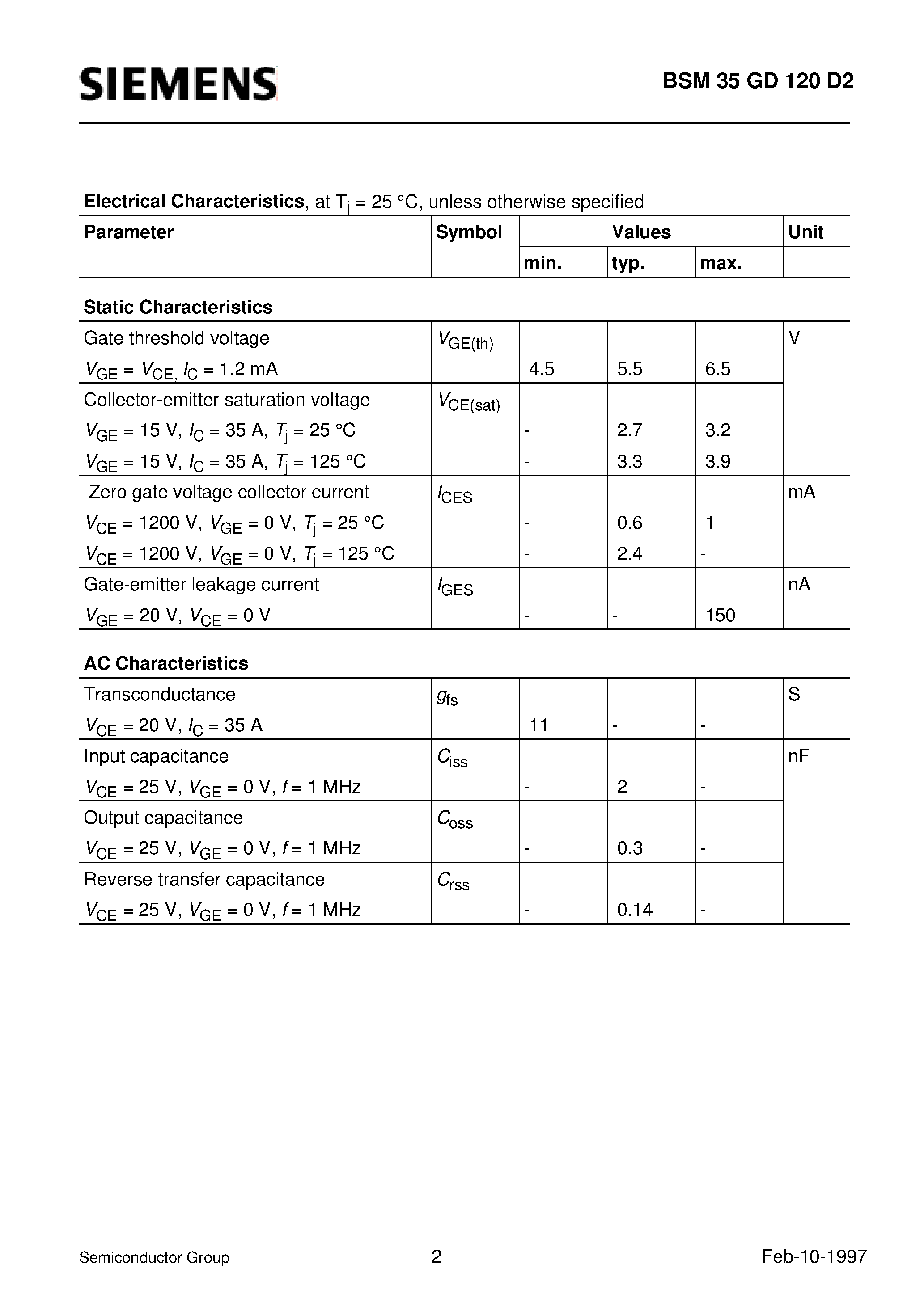 Datasheet BSM35GD120D2 page 2 Datasheet BSM35GD120D2 - IGBT Power Module (Power module 3-phase full-bridge Including fast free-wheel diodes) page 2