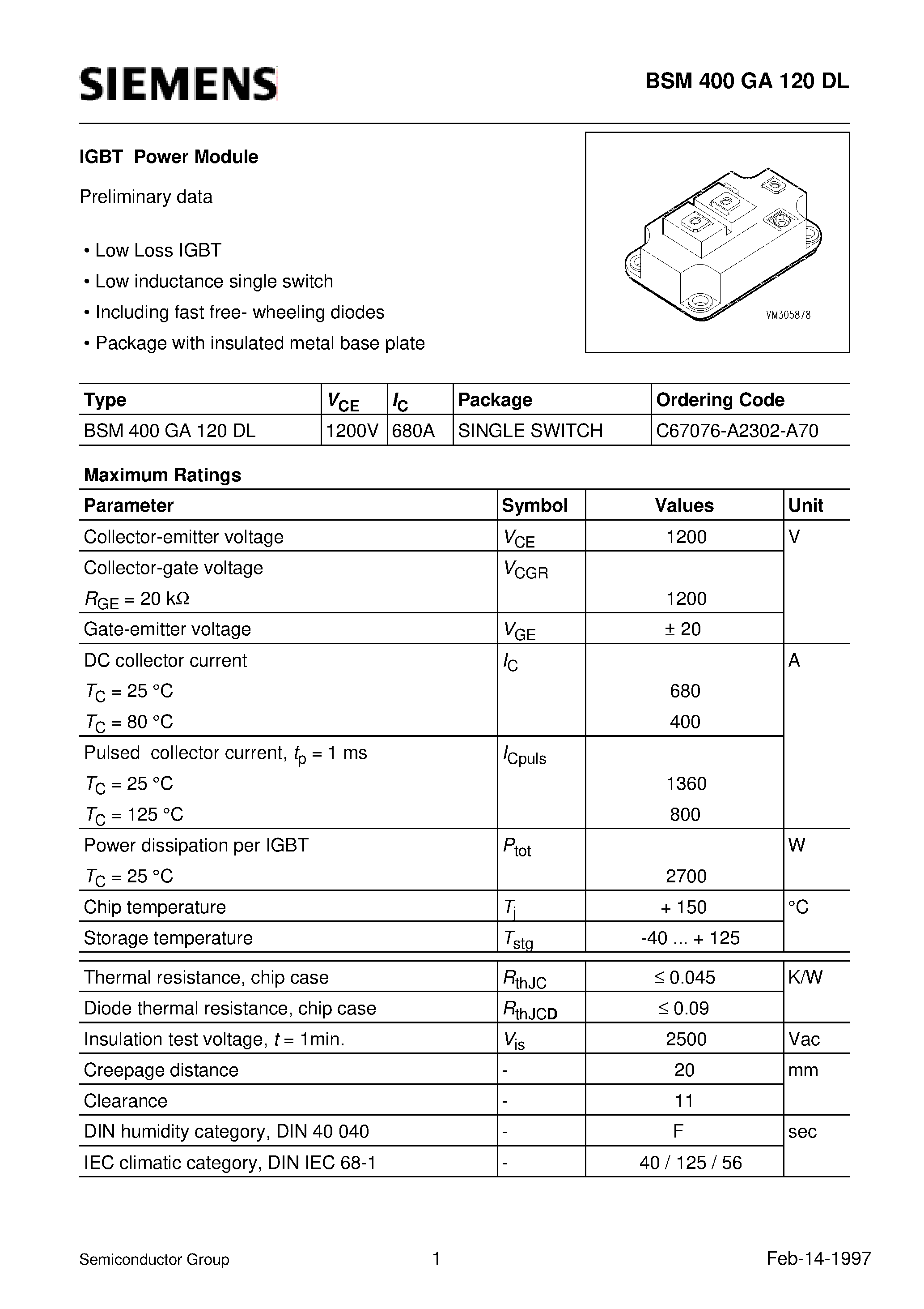 Даташит на микросхему BSM400GA120DL страница 1 Даташит BSM400GA120DL - IGBT Power Module (Low Loss IGBT Low inductance single switch Including fast free- wheeling diodes) страница 1