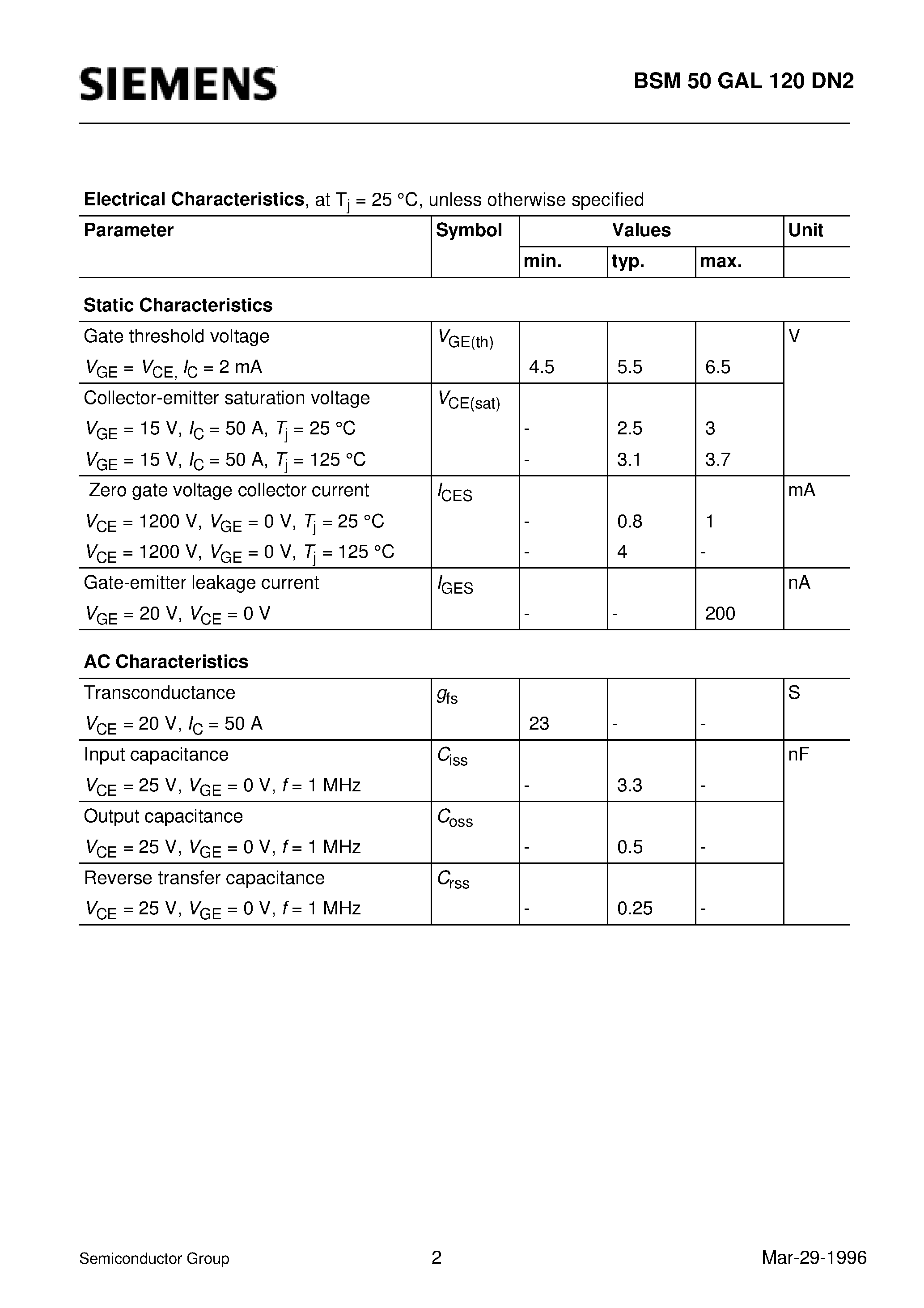 Даташит BSM50GAL120DN2 - IGBT Power Module (Single switch with chopper diode Including fast free-wheeling diodes Package with insulated metal base plate) страница 2