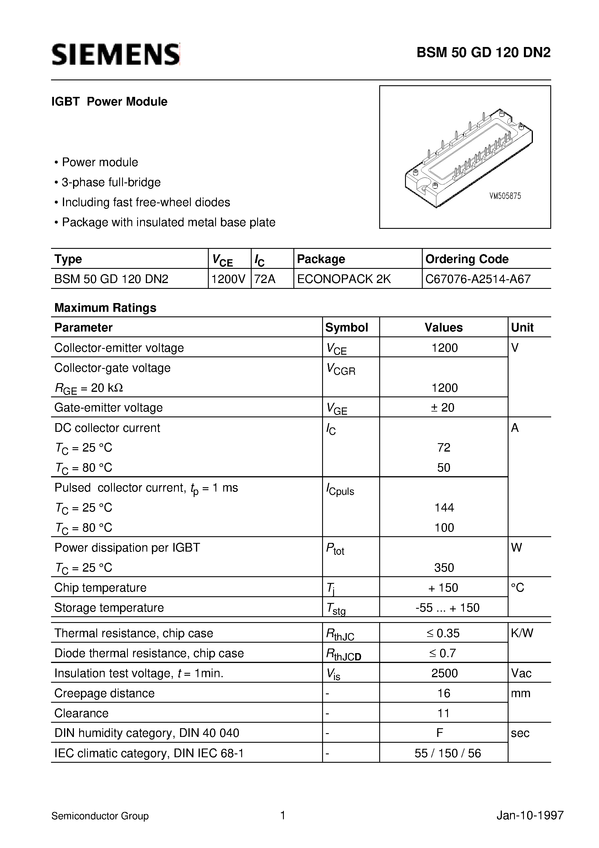 Datasheet BSM50GD120DN2 page 1 Datasheet BSM50GD120DN2 - IGBT Power Module (Power module 3-phase full-bridge Including fast free-wheel diodes) page 1