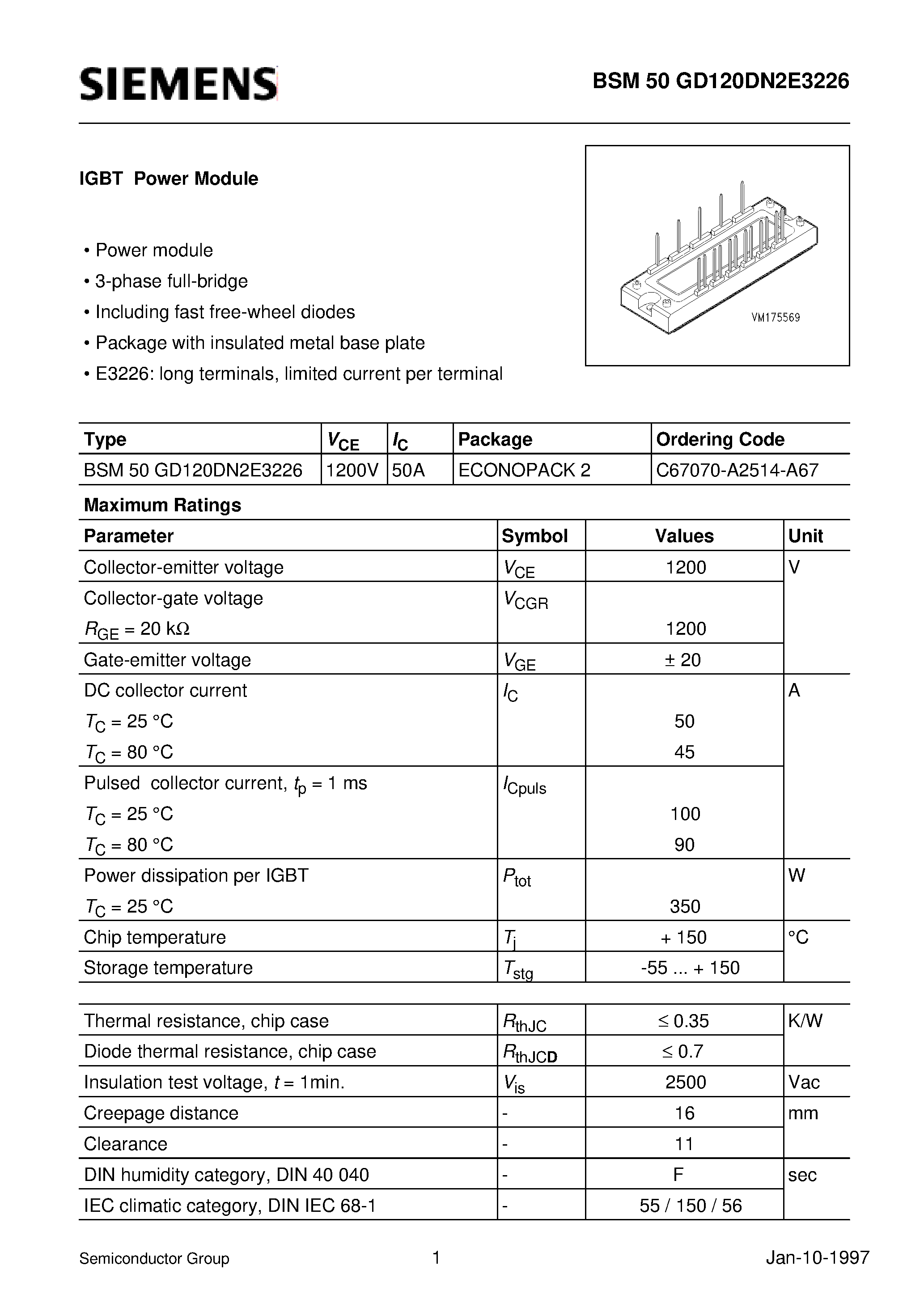 Datasheet BSM50GD120DN2E3226 page 1 Datasheet BSM50GD120DN2E3226 - IGBT Power Module (Power module 3-phase full-bridge Including fast free-wheel diodes Package with insulated metal base plate) page 1