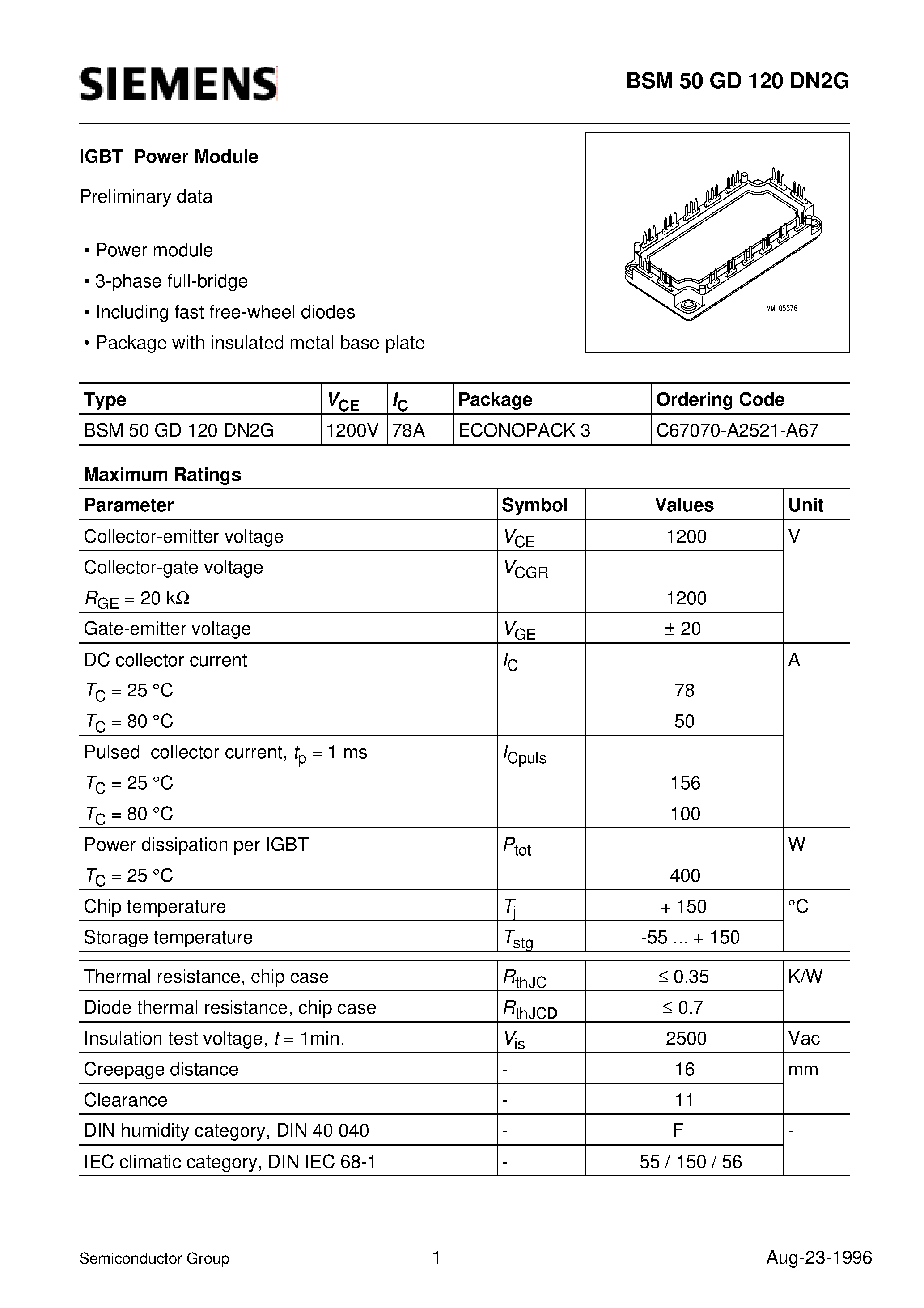 Datasheet BSM50GD120DN2G page 1 Datasheet BSM50GD120DN2G - IGBT Power Module (Power module 3-phase full-bridge Including fast free-wheel diodes) page 1