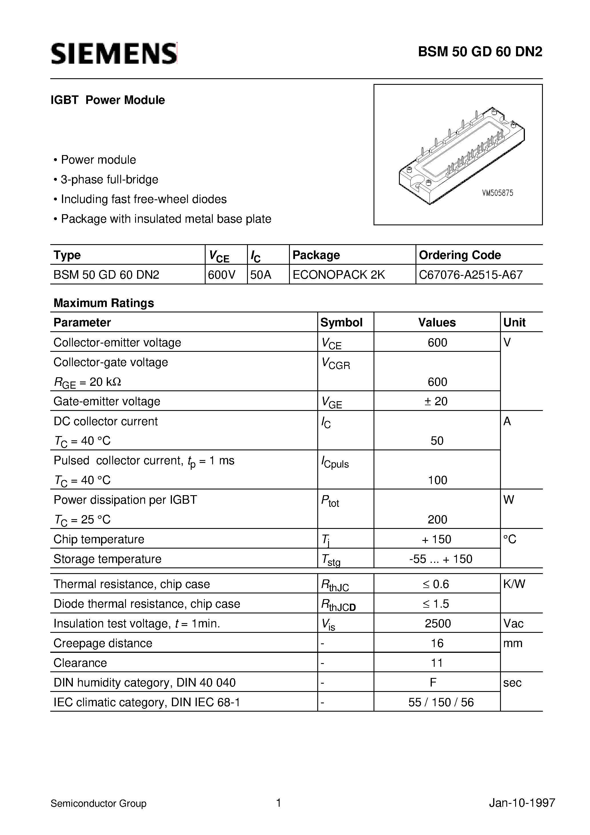 Datasheet BSM50GD60DN2 page 1 Datasheet BSM50GD60DN2 - IGBT Power Module (Power module 3-phase full-bridge Including fast free-wheel diodes) page 1