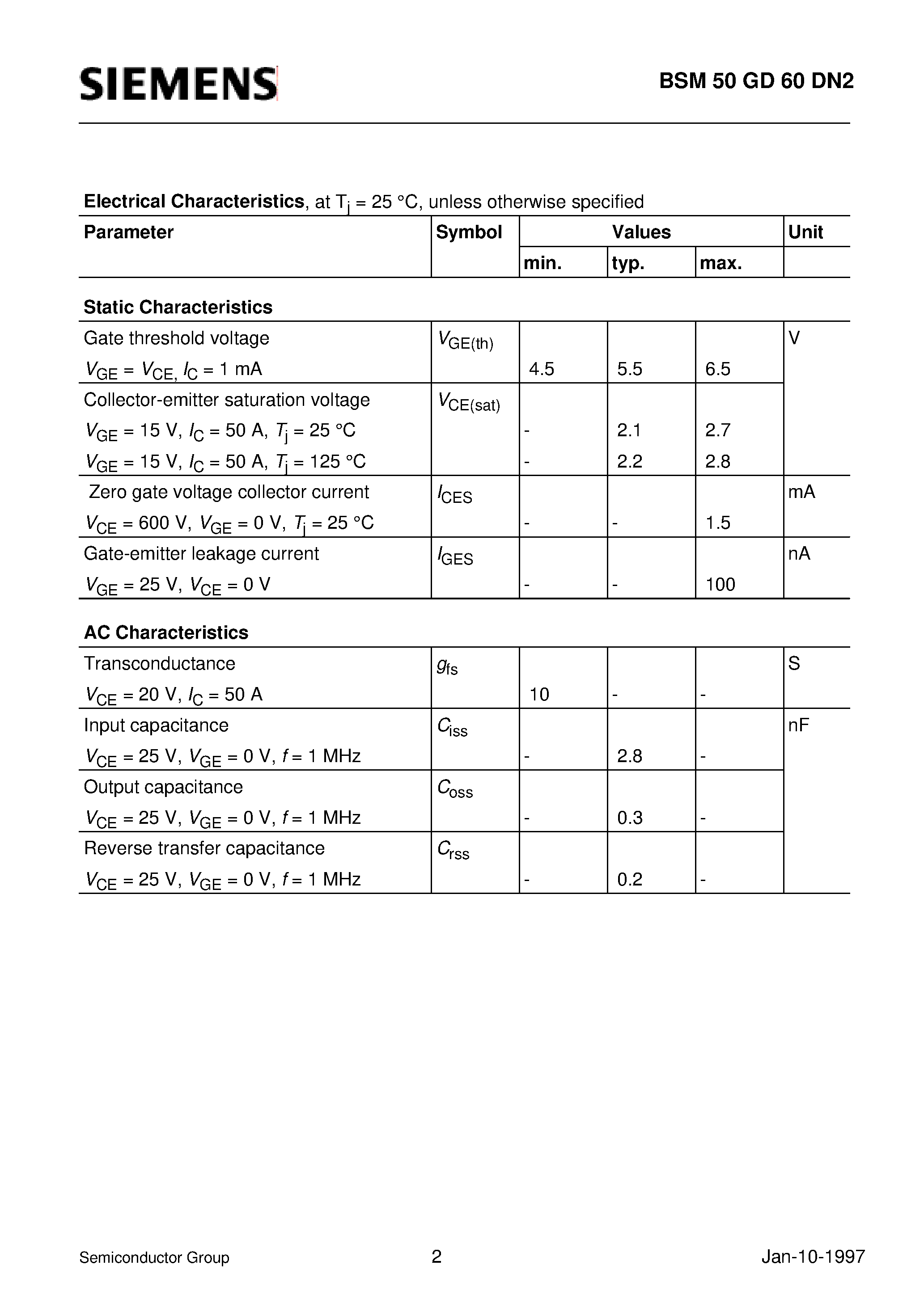 Datasheet BSM50GD60DN2 page 2 Datasheet BSM50GD60DN2 - IGBT Power Module (Power module 3-phase full-bridge Including fast free-wheel diodes) page 2