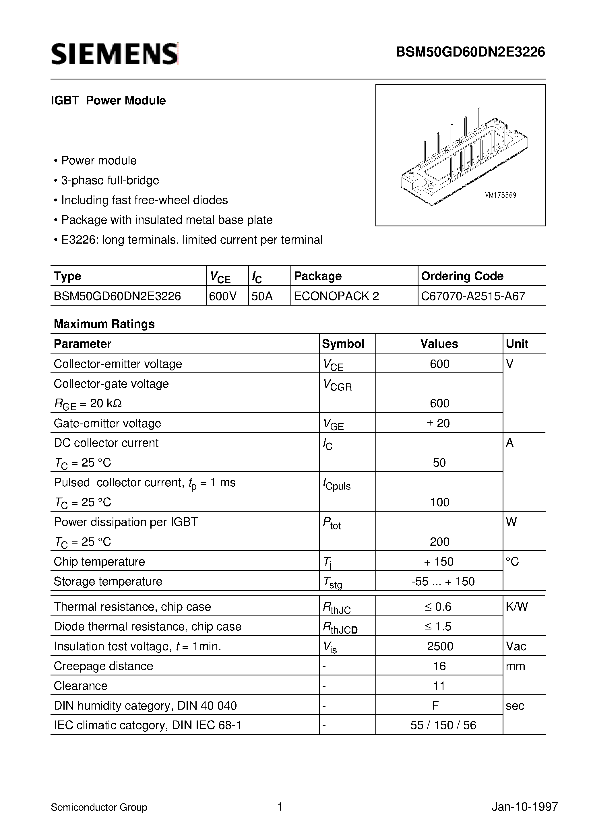 Datasheet BSM50GD60DN2E3226 page 1 Datasheet BSM50GD60DN2E3226 - IGBT Power Module (Power module 3-phase full-bridge Including fast free-wheel diodes) page 1