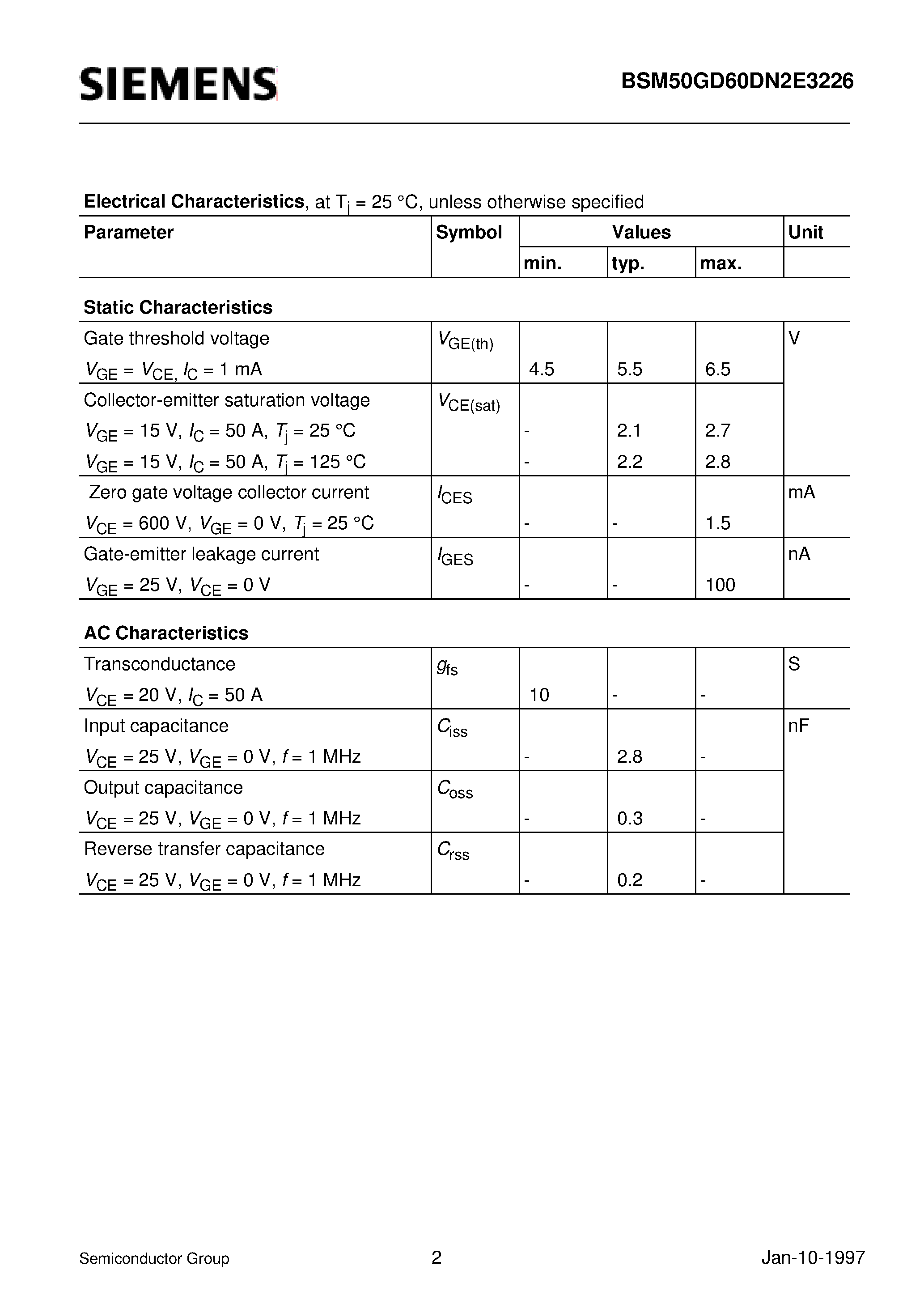 Datasheet BSM50GD60DN2E3226 page 2 Datasheet BSM50GD60DN2E3226 - IGBT Power Module (Power module 3-phase full-bridge Including fast free-wheel diodes) page 2
