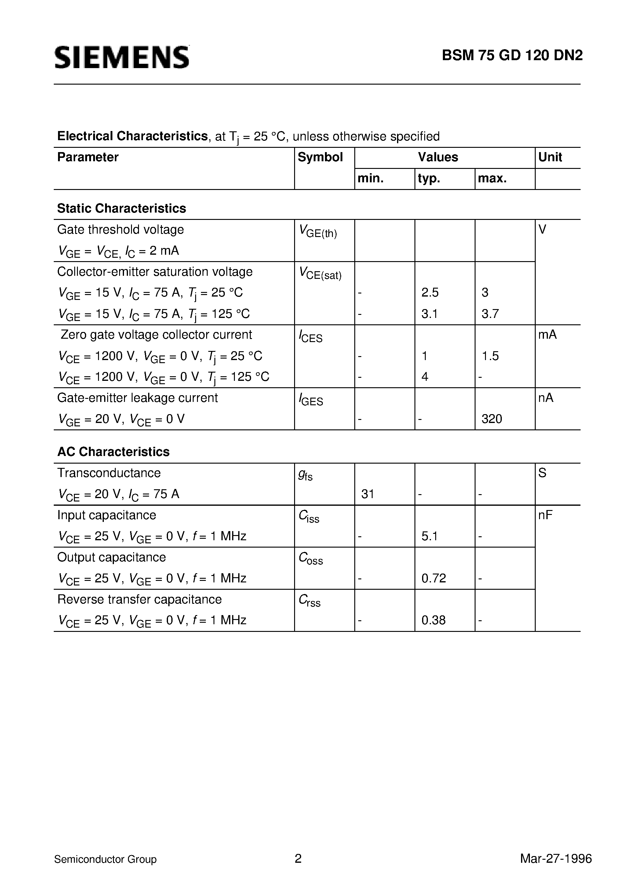 Datasheet BSM75GD120DN2 page 2 Datasheet BSM75GD120DN2 - IGBT Power Module (Solderable Power module 3-phase full-bridge Including fast free-wheel diodes) page 2
