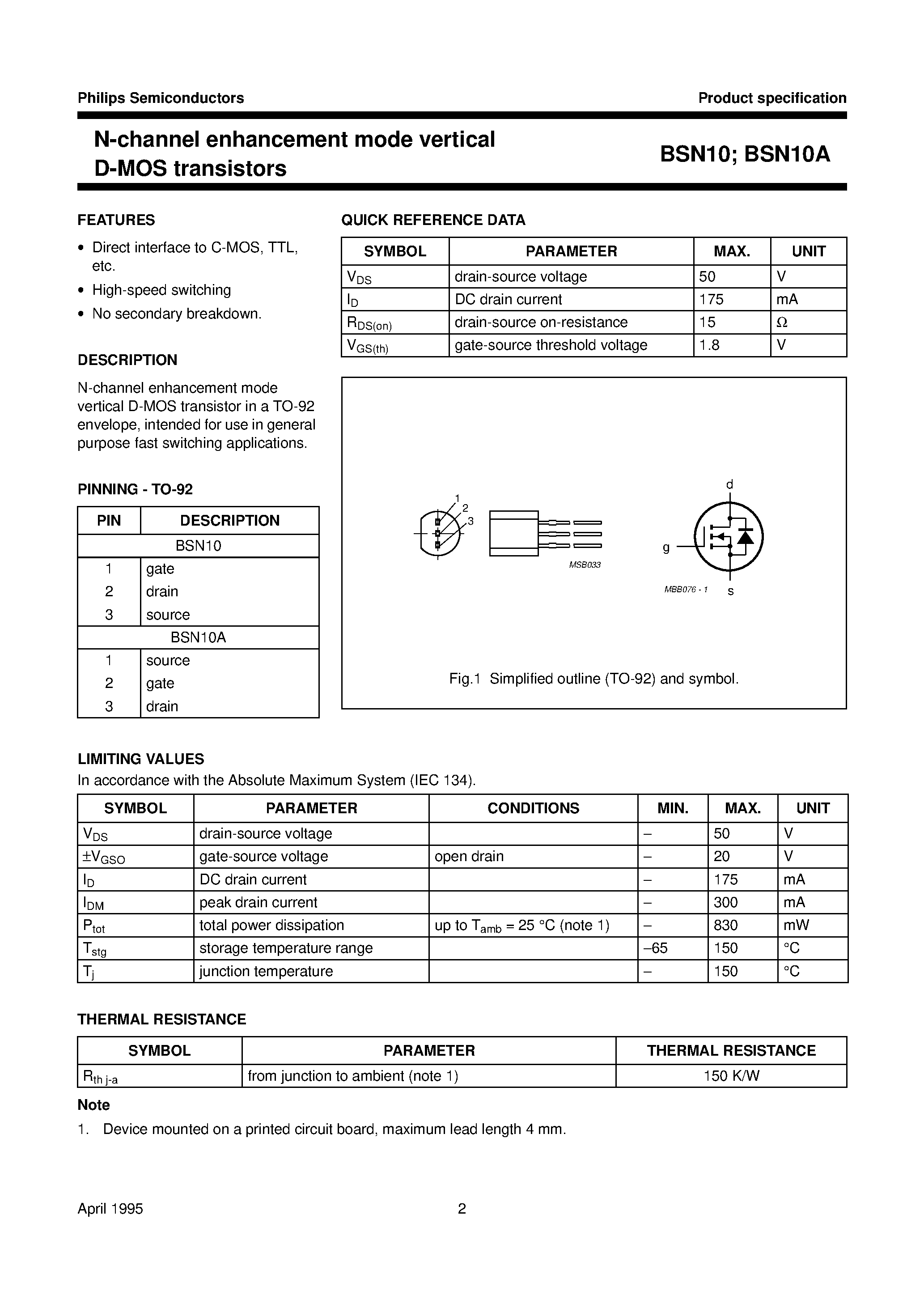 Даташит на микросхему BSN10A страница 2 Даташит BSN10A - N-channel enhancement mode vertical D-MOS transistors страница 2
