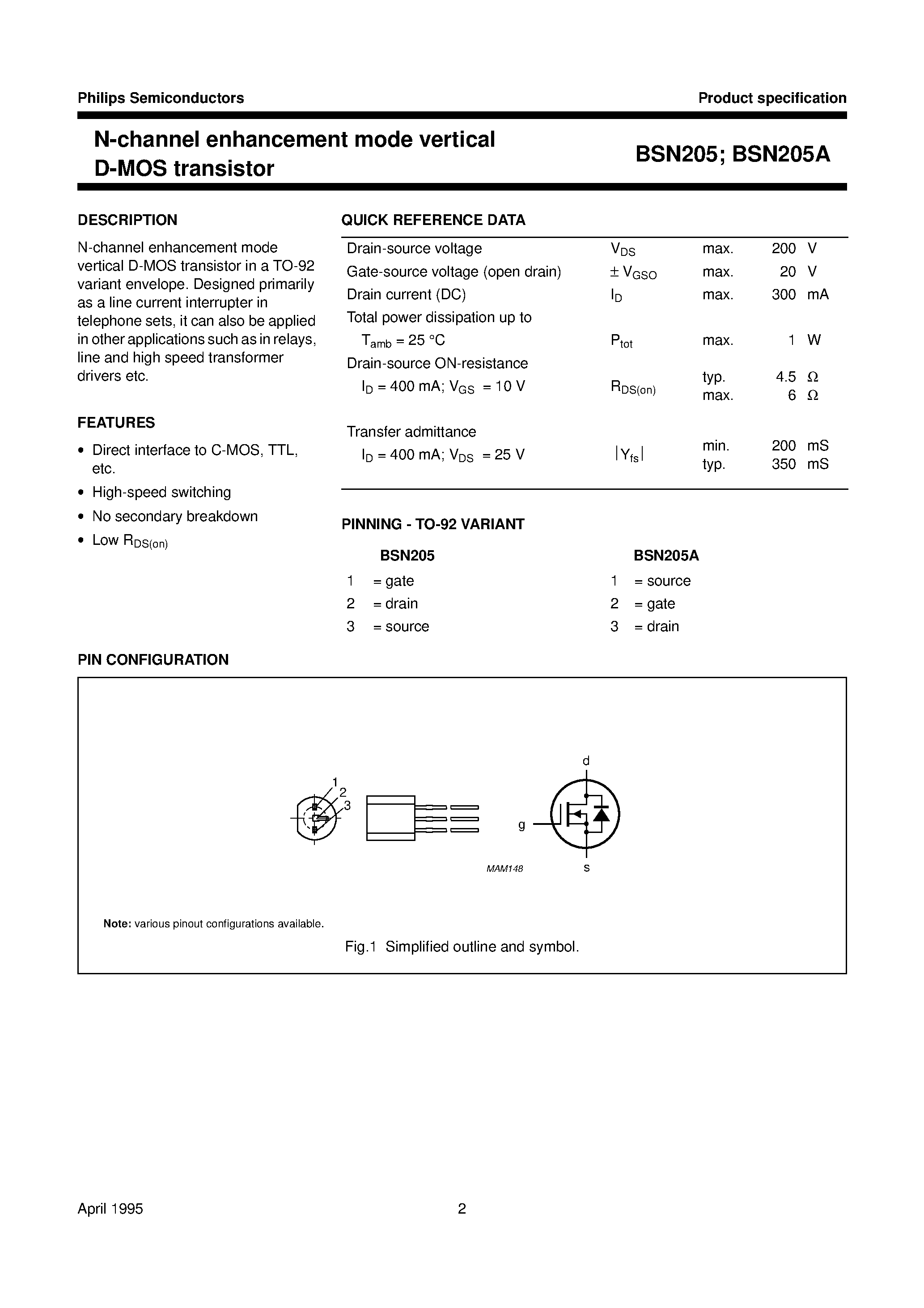 Даташит на микросхему BSN205 страница 2 Даташит BSN205 - N-channel enhancement mode vertical D-MOS transistor страница 2