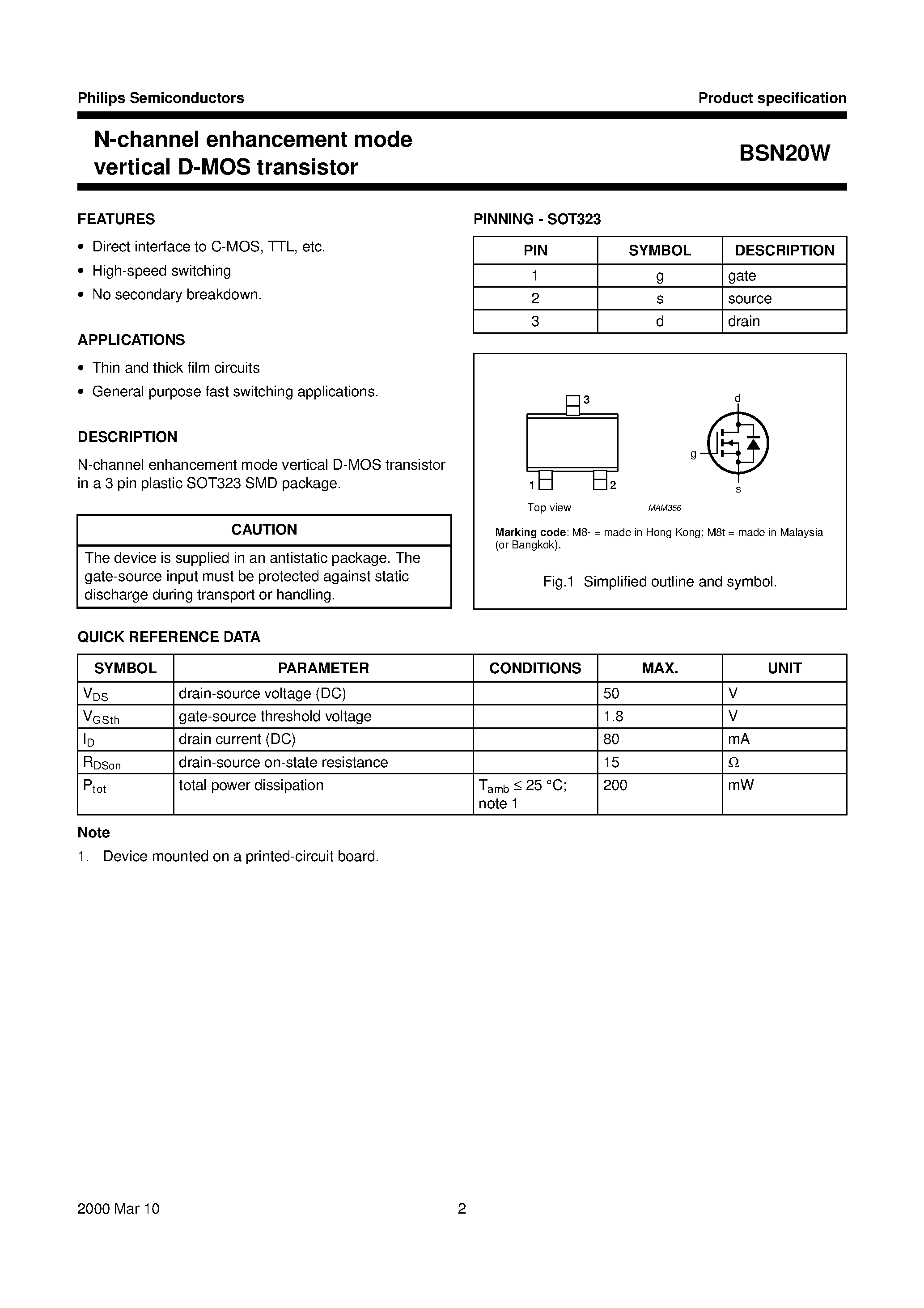 Даташит на микросхему BSN20W страница 2 Даташит BSN20W - N-channel enhancement mode vertical D-MOS transistor страница 2