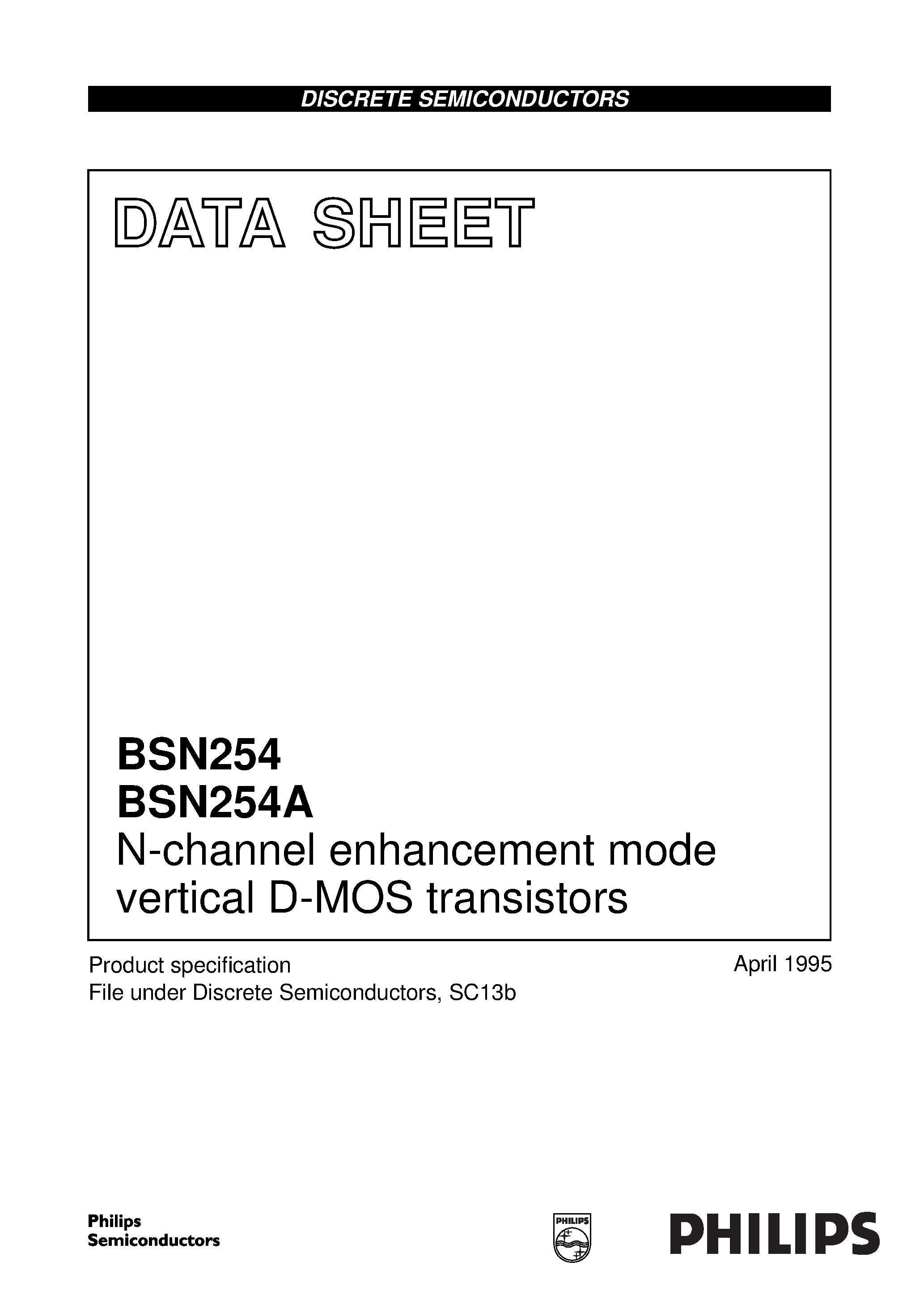 Даташит на микросхему BSN254 страница 1 Даташит BSN254 - N-channel enhancement mode vertical D-MOS transistors страница 1
