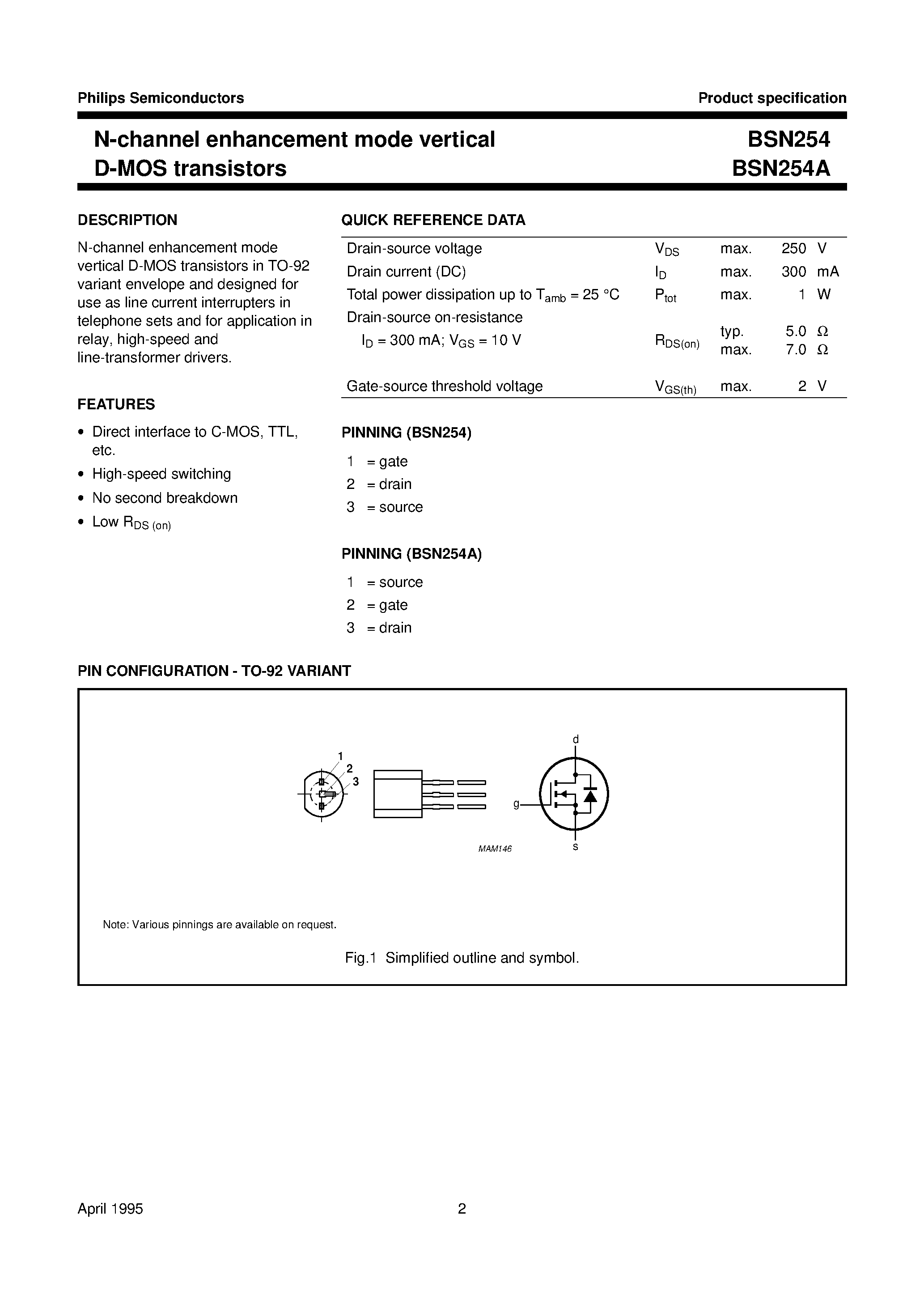 Даташит на микросхему BSN254 страница 2 Даташит BSN254 - N-channel enhancement mode vertical D-MOS transistors страница 2