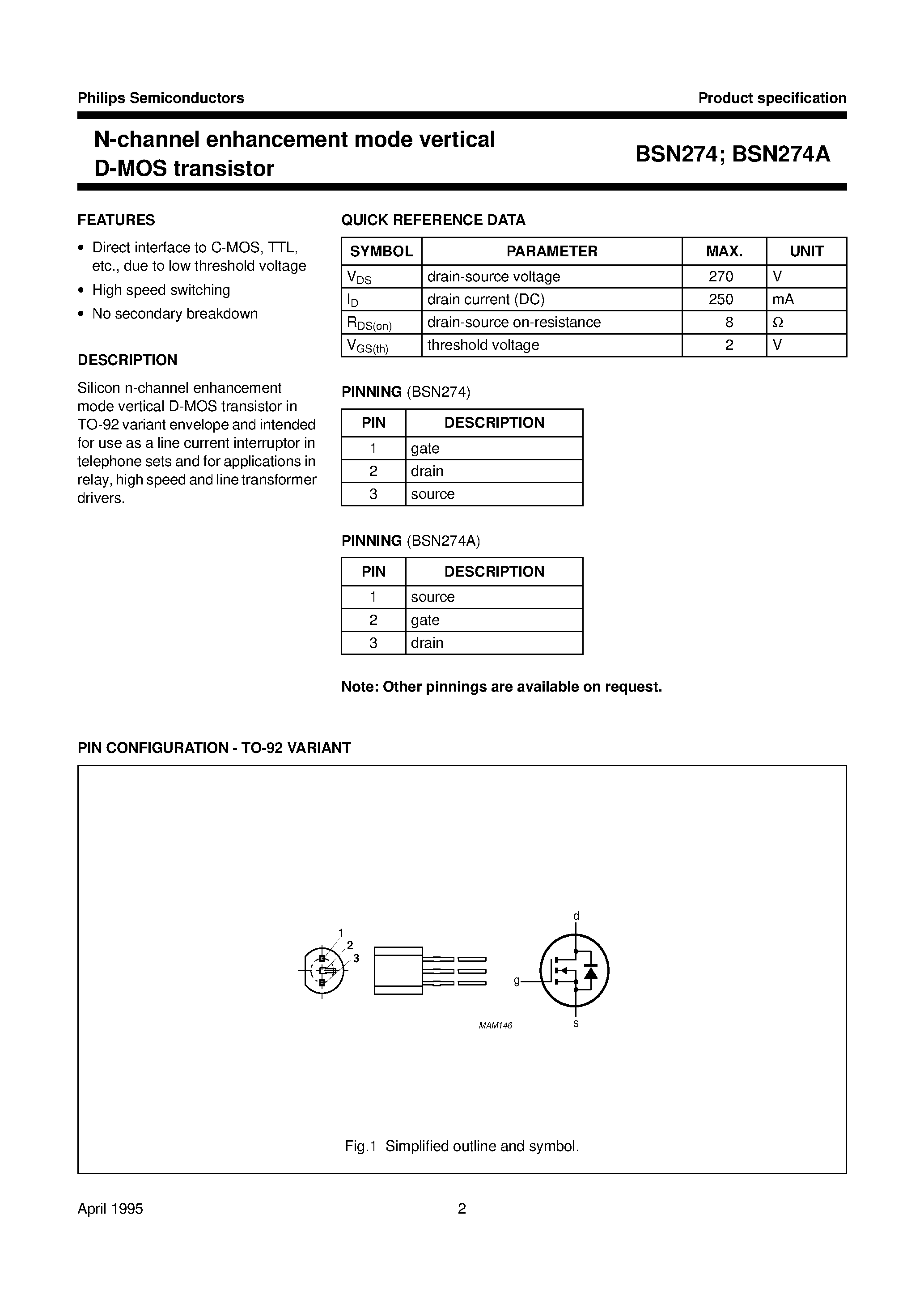 Datasheet BSN274A page 2 Datasheet BSN274A - N-channel enhancement mode vertical D-MOS transistor page 2