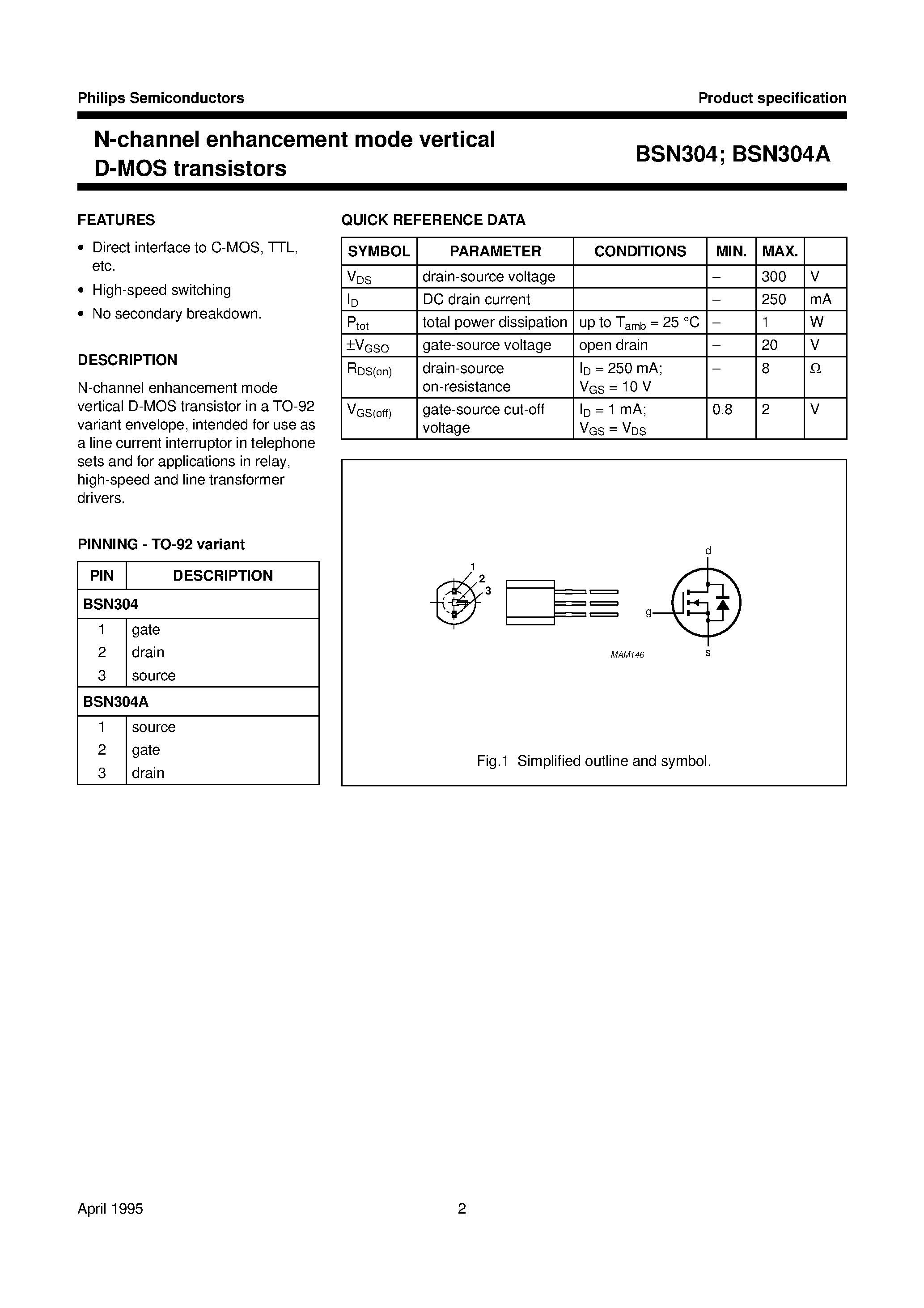 Datasheet BSN304 - N-channel enhancement mode vertical D-MOS transistors page 2