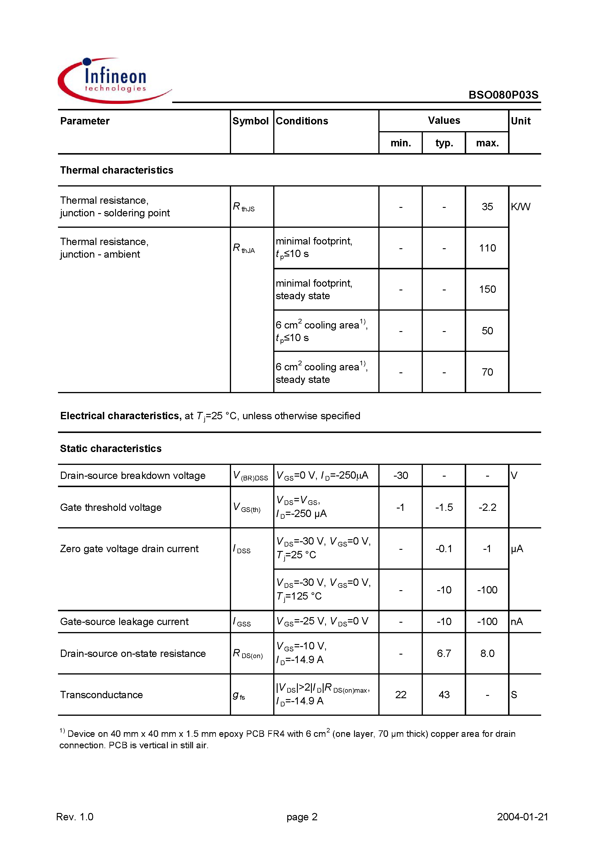 Datasheet BSO080P03S - OptiMOS-P Small-Signal-Transistor page 2