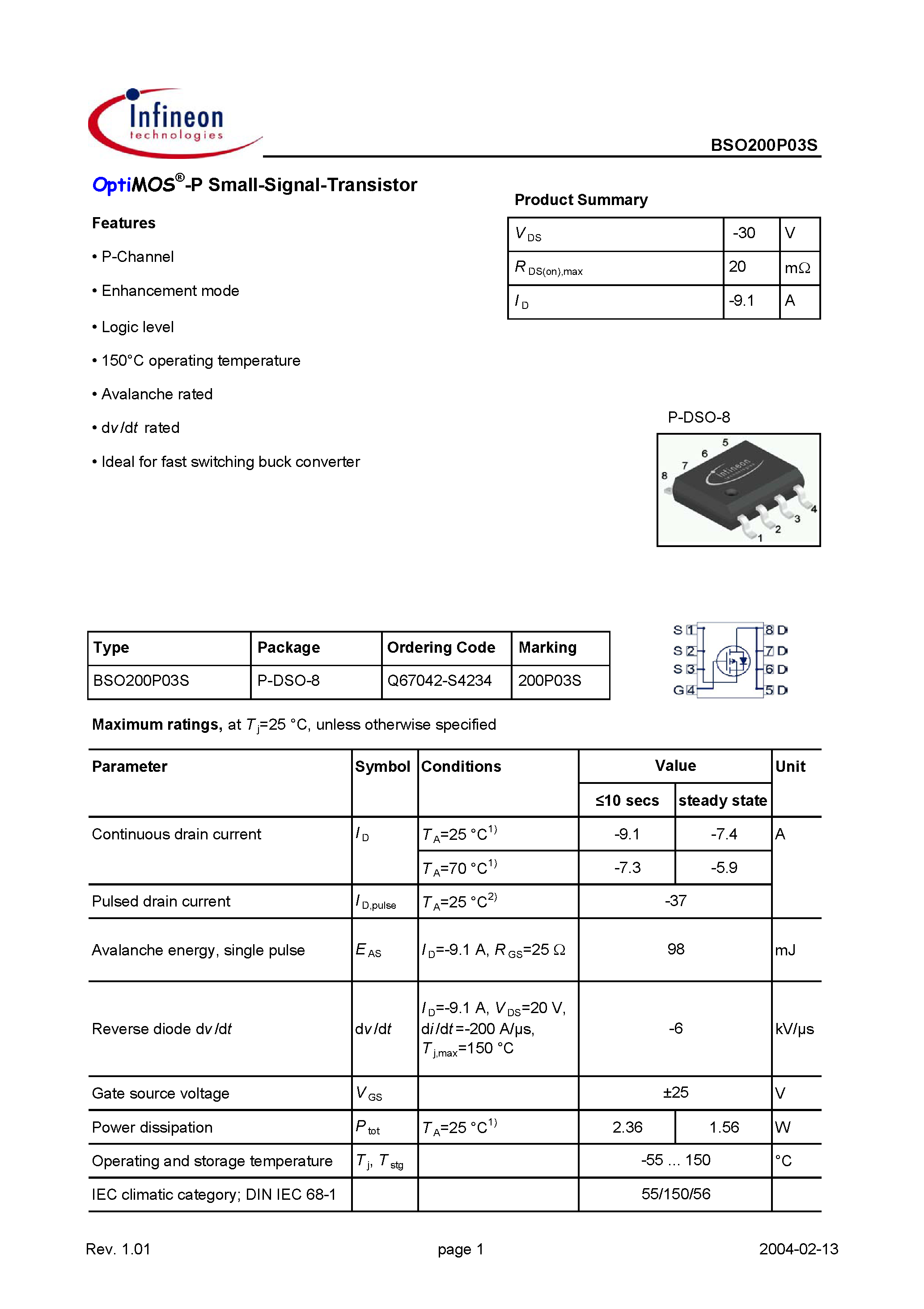 Datasheet BSO200P03S - OptiMOS-P Small-Signal-Transistor page 1