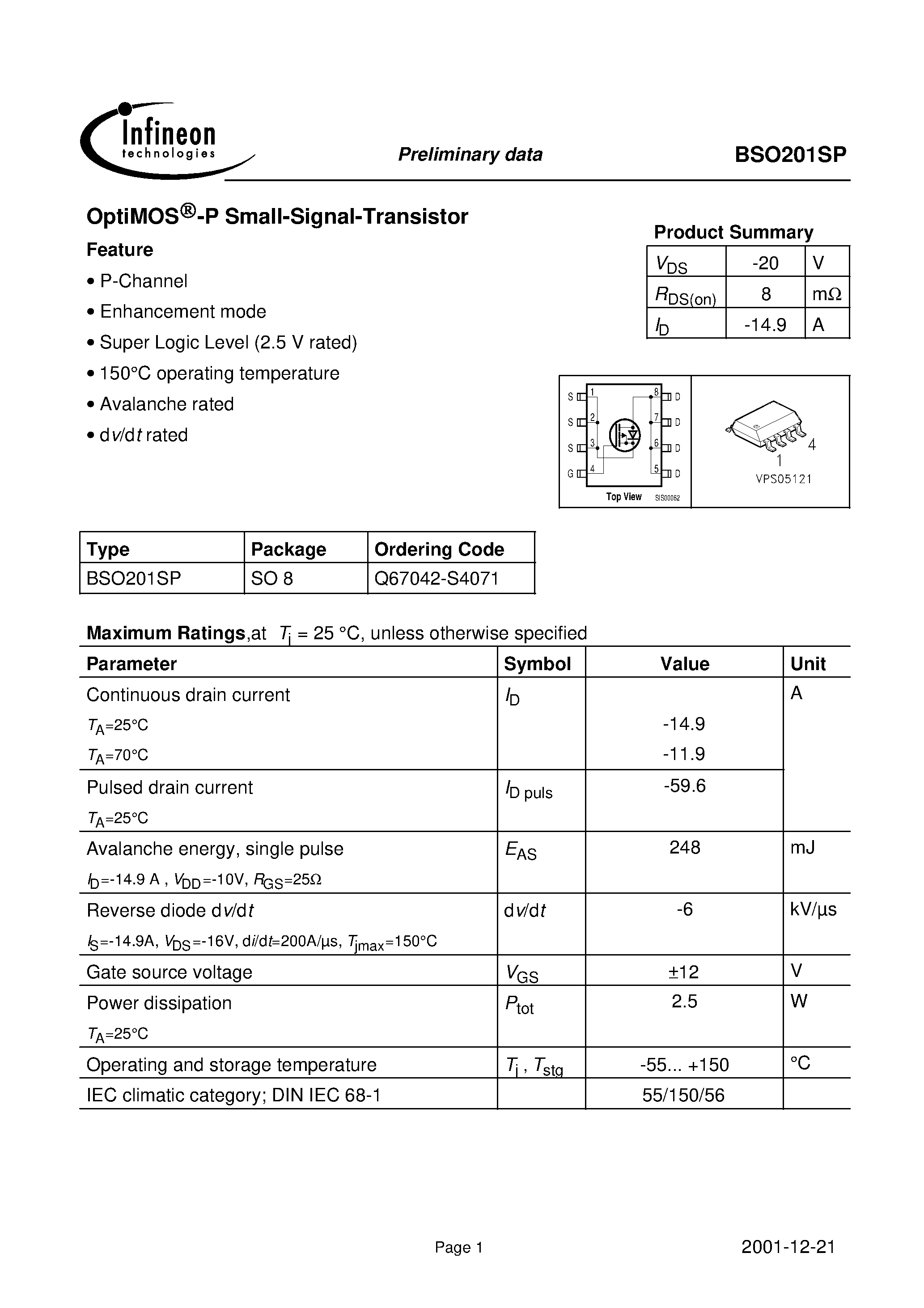Datasheet BSO201SP - OptiMOS -P Small-Signal-Transistor page 1