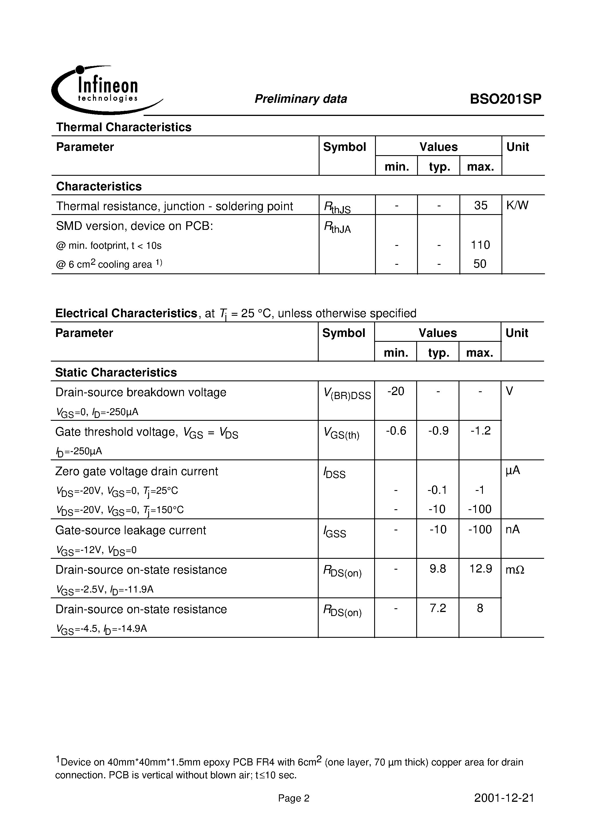 Datasheet BSO201SP - OptiMOS -P Small-Signal-Transistor page 2