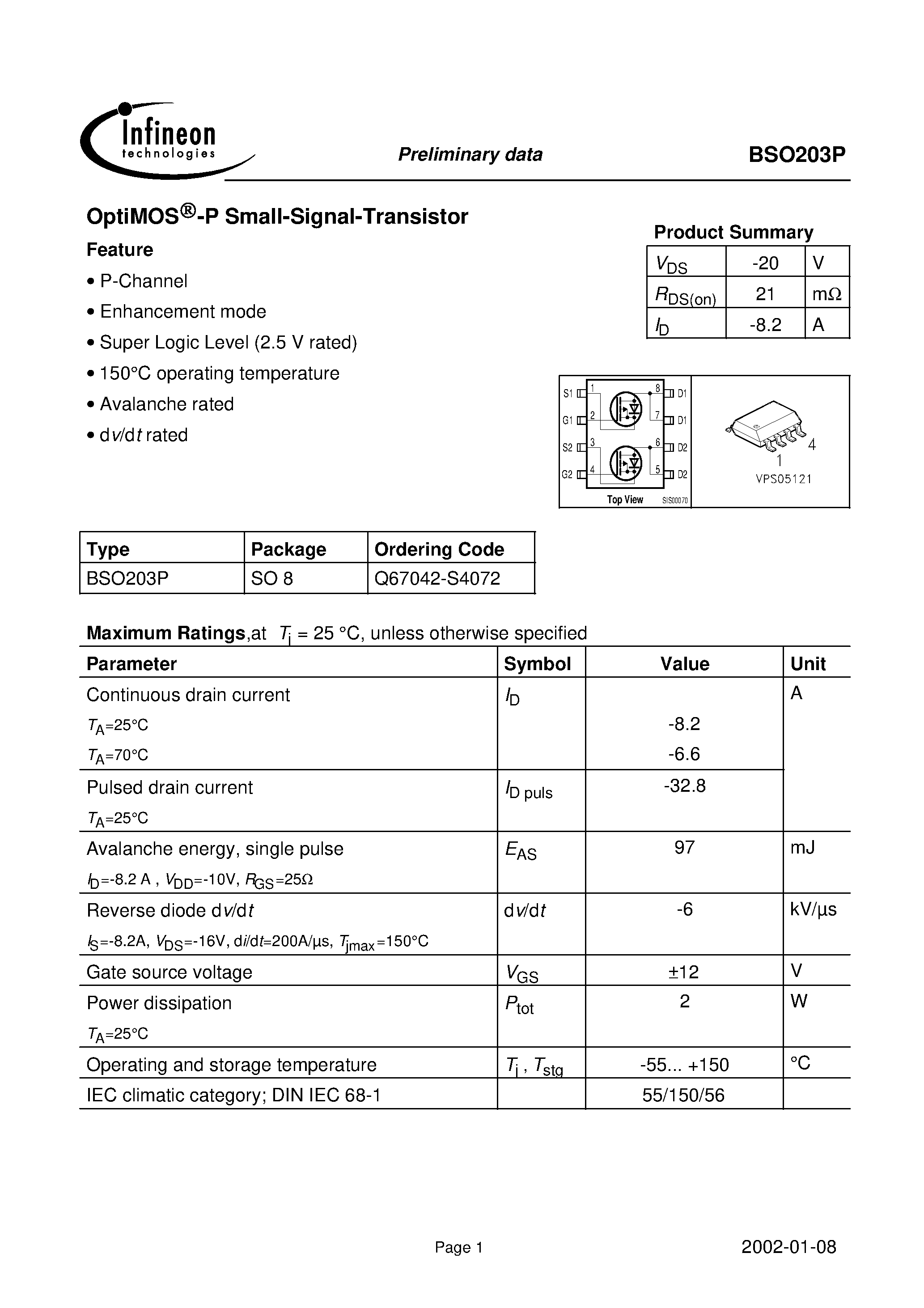Datasheet BSO203P - OptiMOS -P Small-Signal-Transistor page 1
