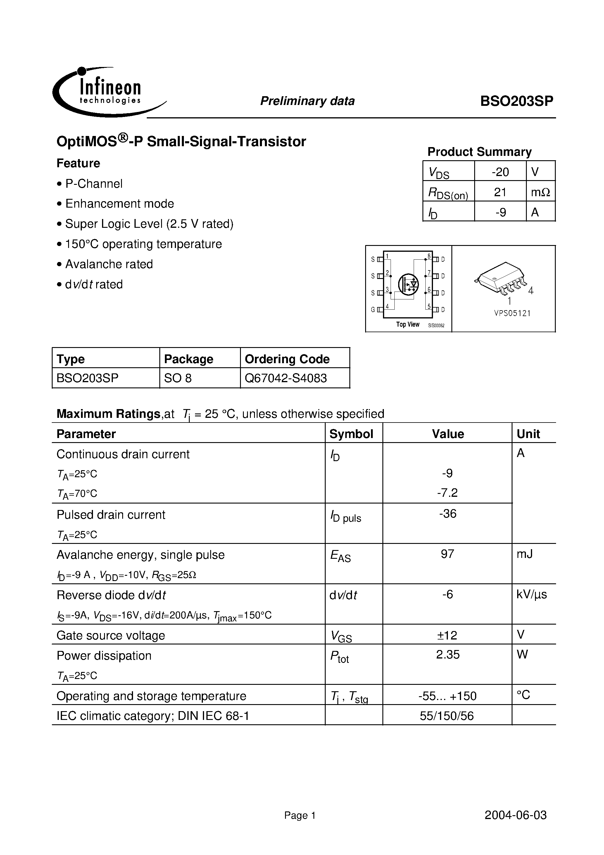 Datasheet BSO203SP - OptiMOS -P Small-Signal-Transistor page 1