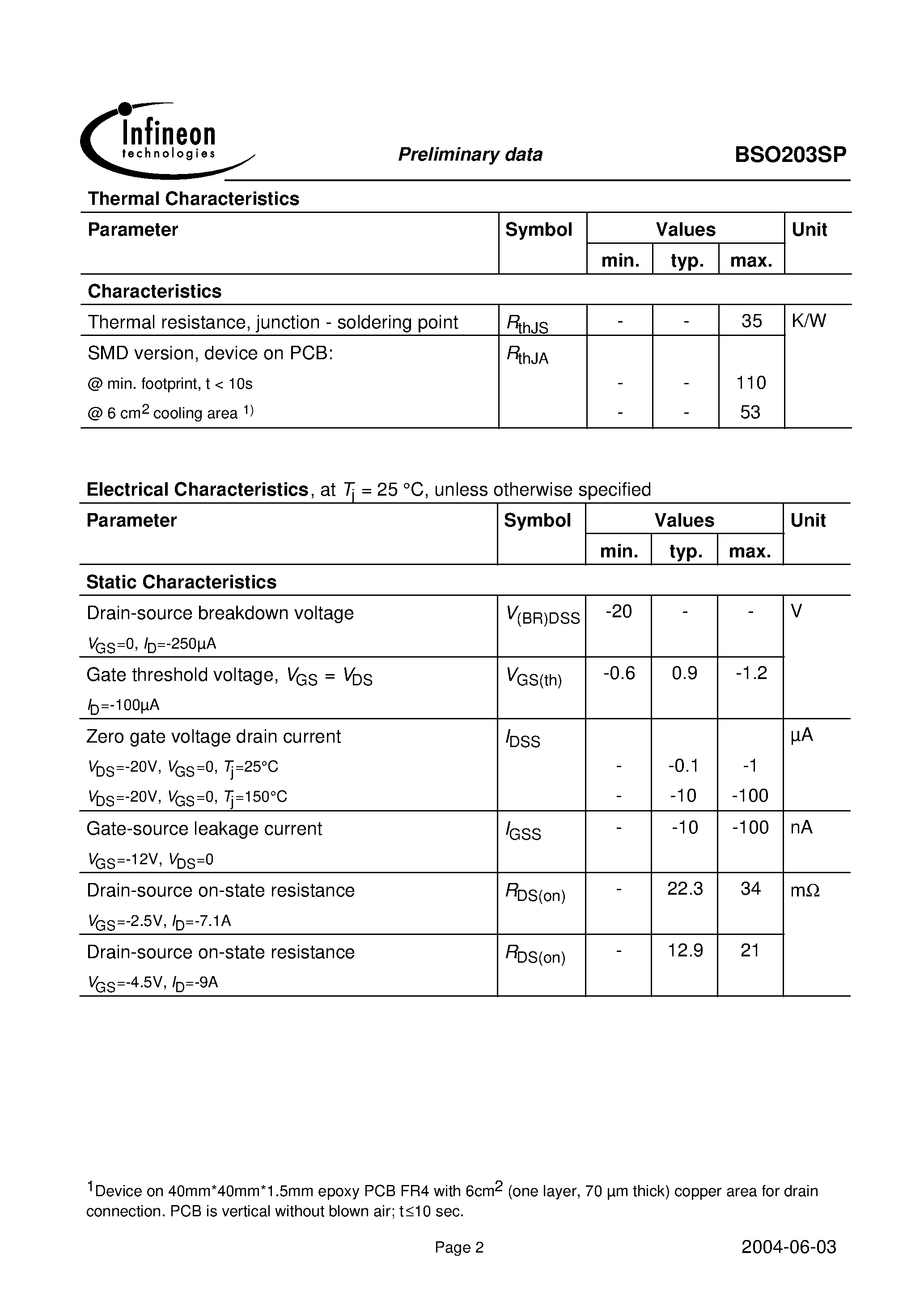 Datasheet BSO203SP - OptiMOS -P Small-Signal-Transistor page 2
