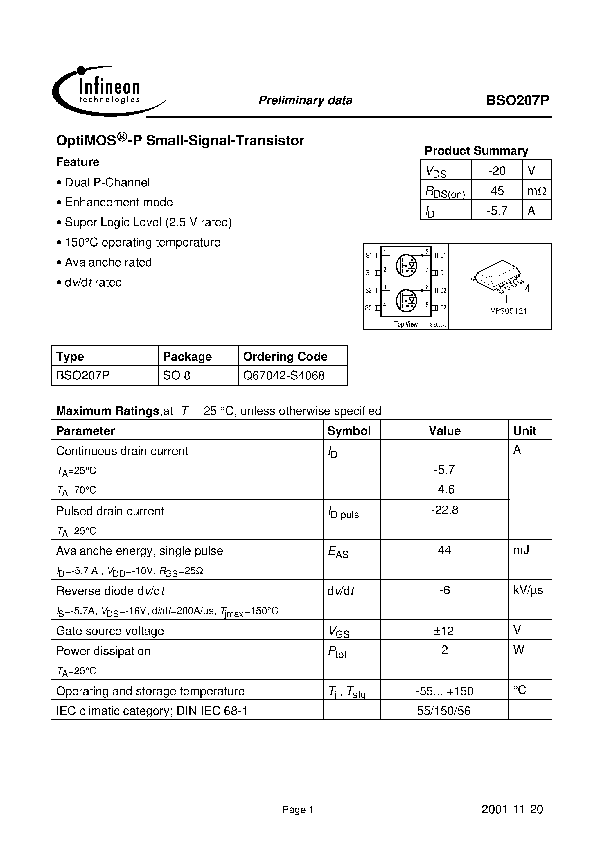 Datasheet BSO207P - OptiMOS -P Small-Signal-Transistor page 1