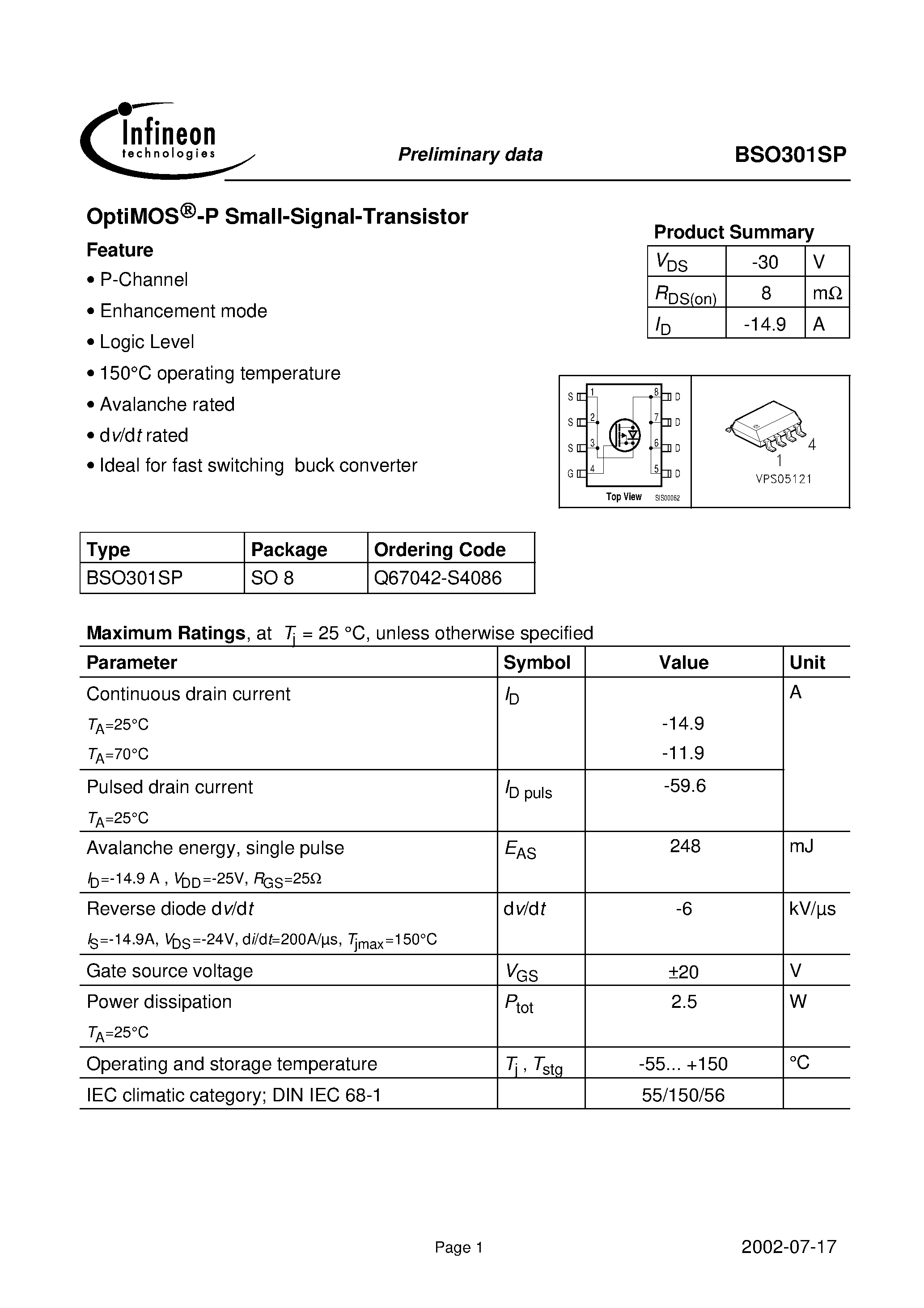 Datasheet BSO301SP - OptiMOS -P Small-Signal-Transistor page 1