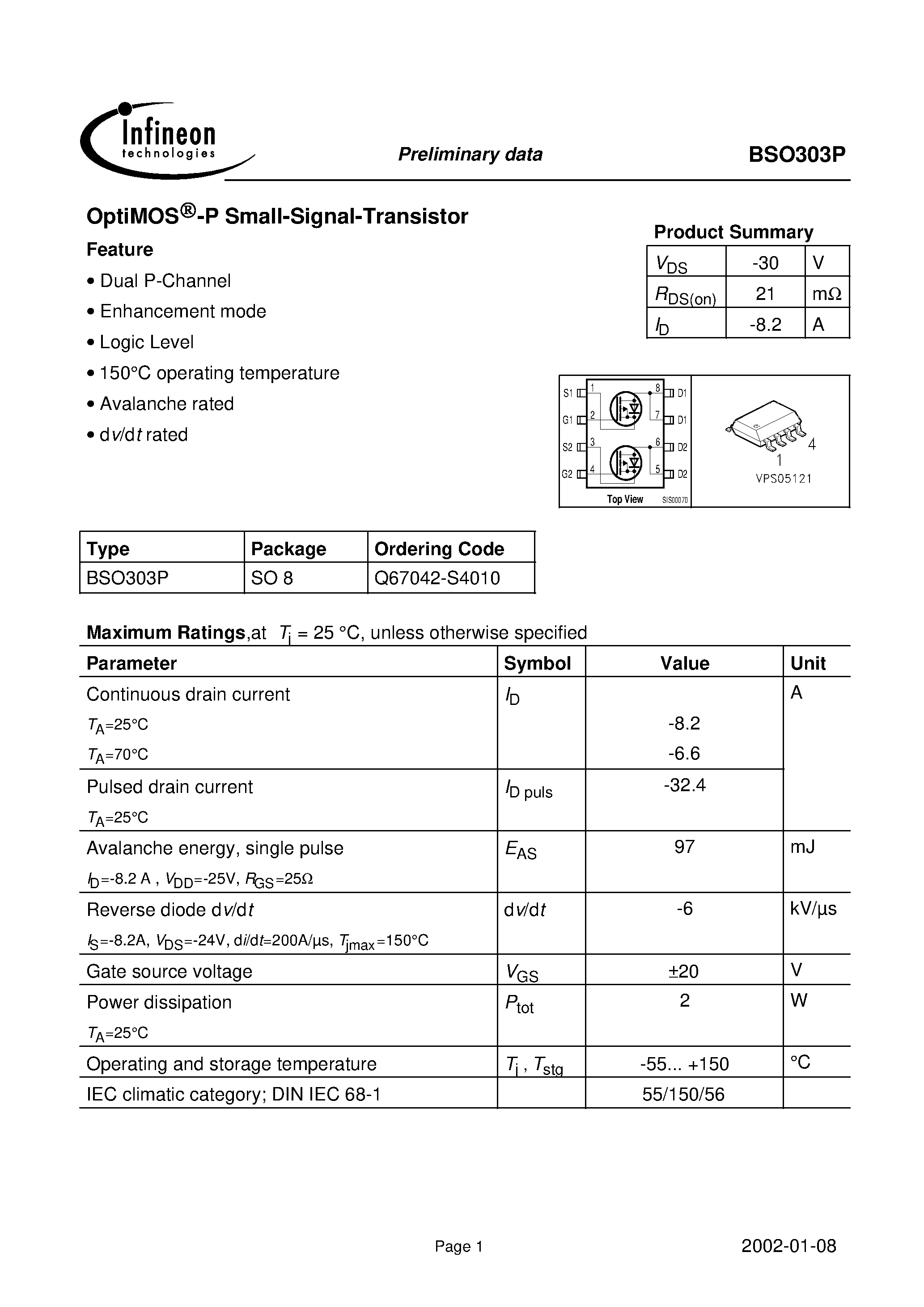 Datasheet BSO303P - OptiMOS -P Small-Signal-Transistor page 1