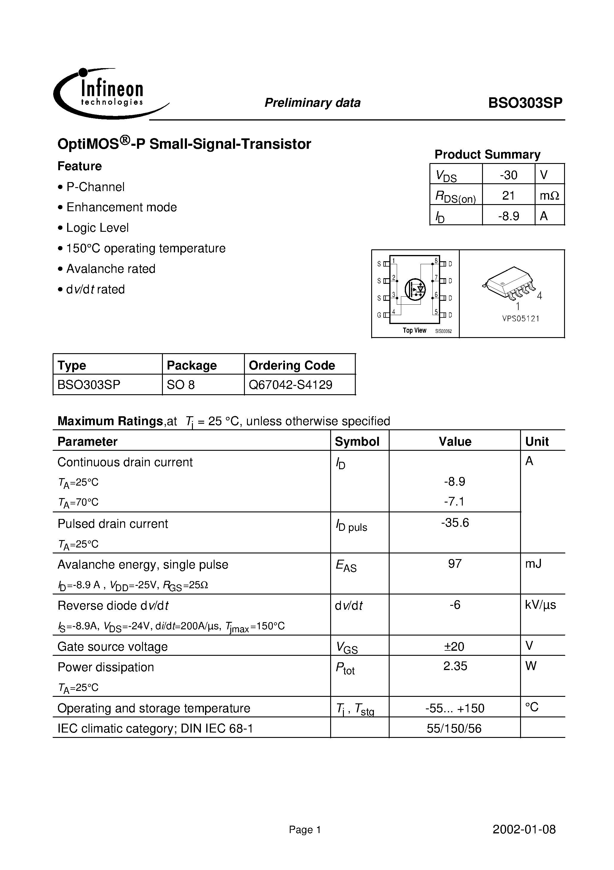 Datasheet BSO303SP - OptiMOS -P Small-Signal-Transistor page 1