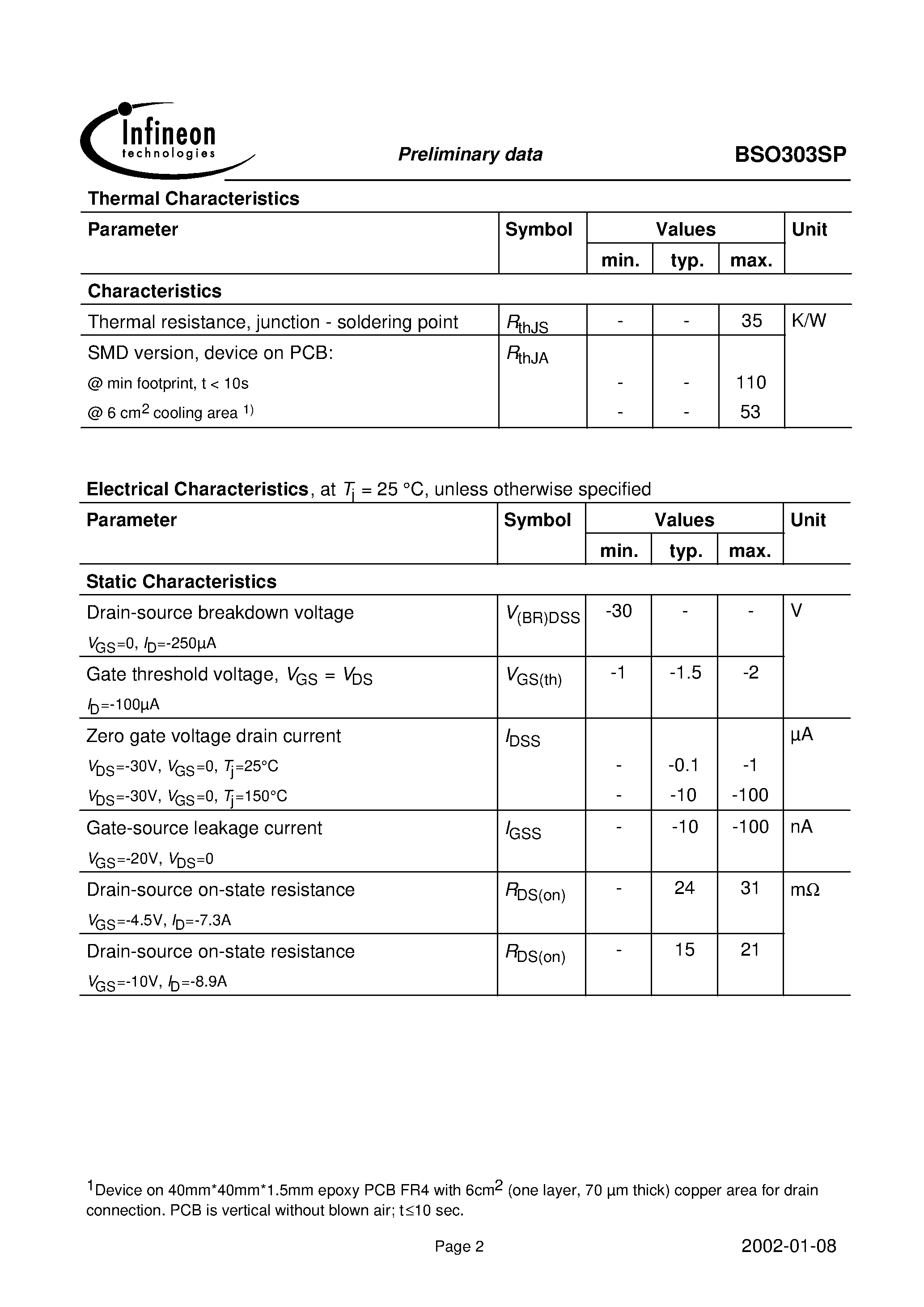 Datasheet BSO303SP - OptiMOS -P Small-Signal-Transistor page 2