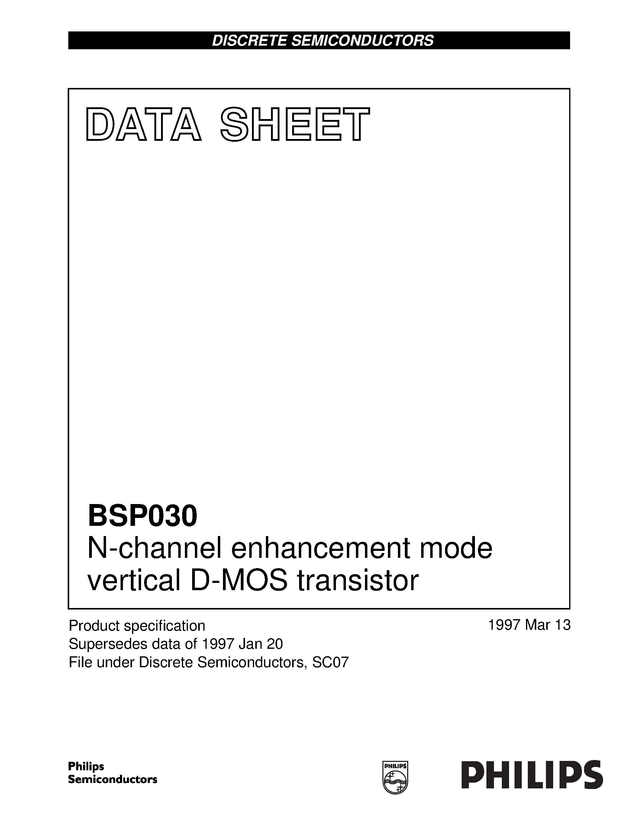 Даташит на микросхему BSP030 страница 1 Даташит BSP030 - N-channel enhancement mode vertical D-MOS transistor страница 1