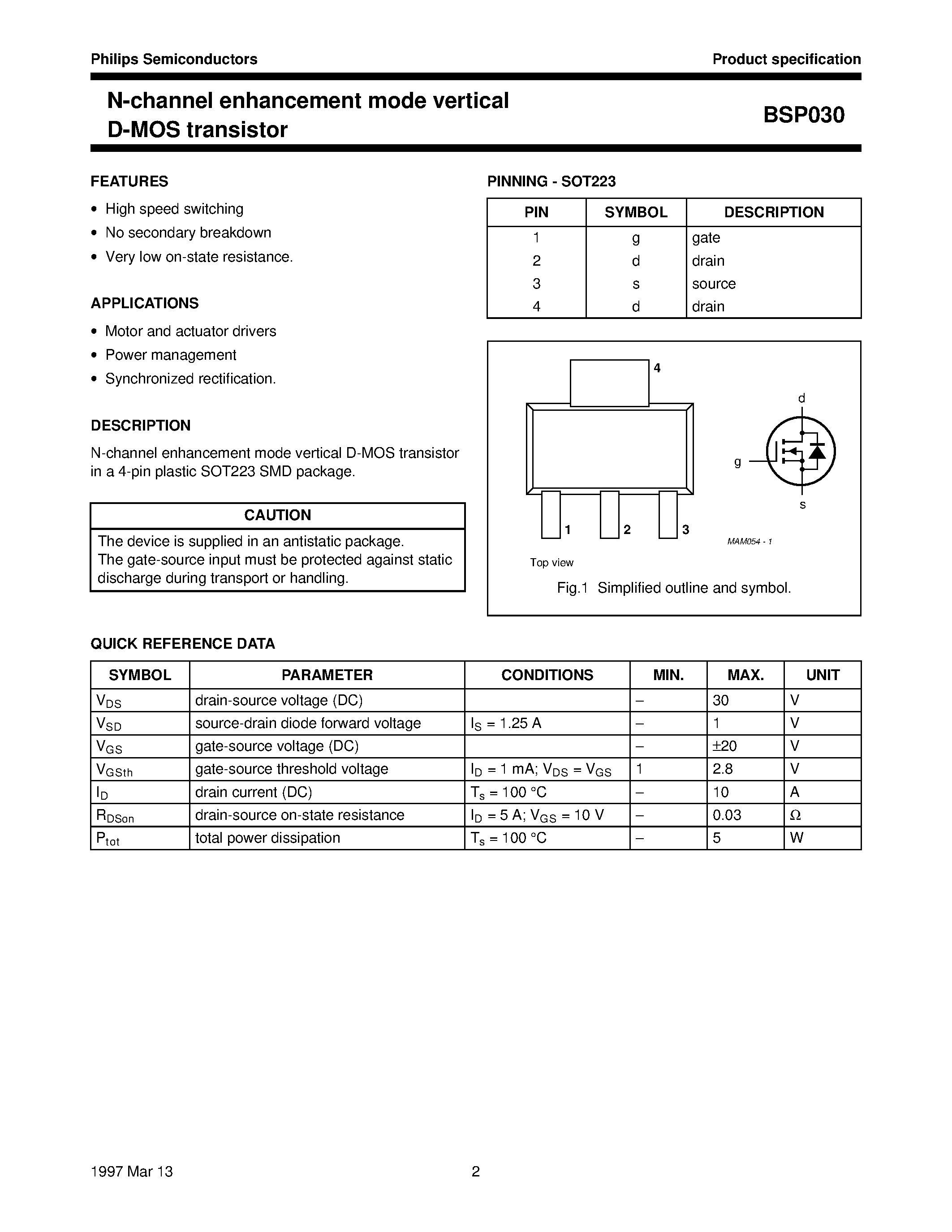 Даташит на микросхему BSP030 страница 2 Даташит BSP030 - N-channel enhancement mode vertical D-MOS transistor страница 2