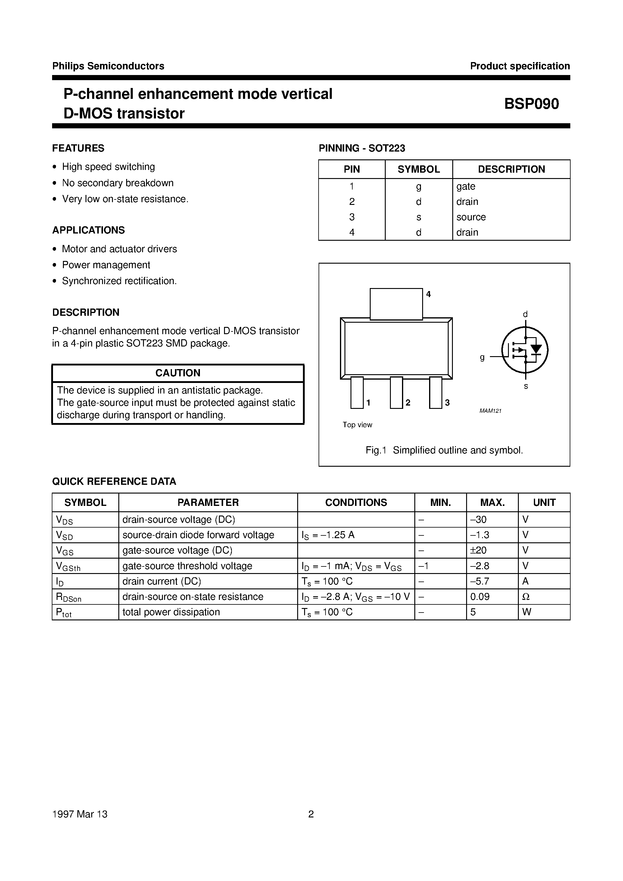 Datasheet BSP090 - P-channel enhancement mode vertical D-MOS transistor page 2