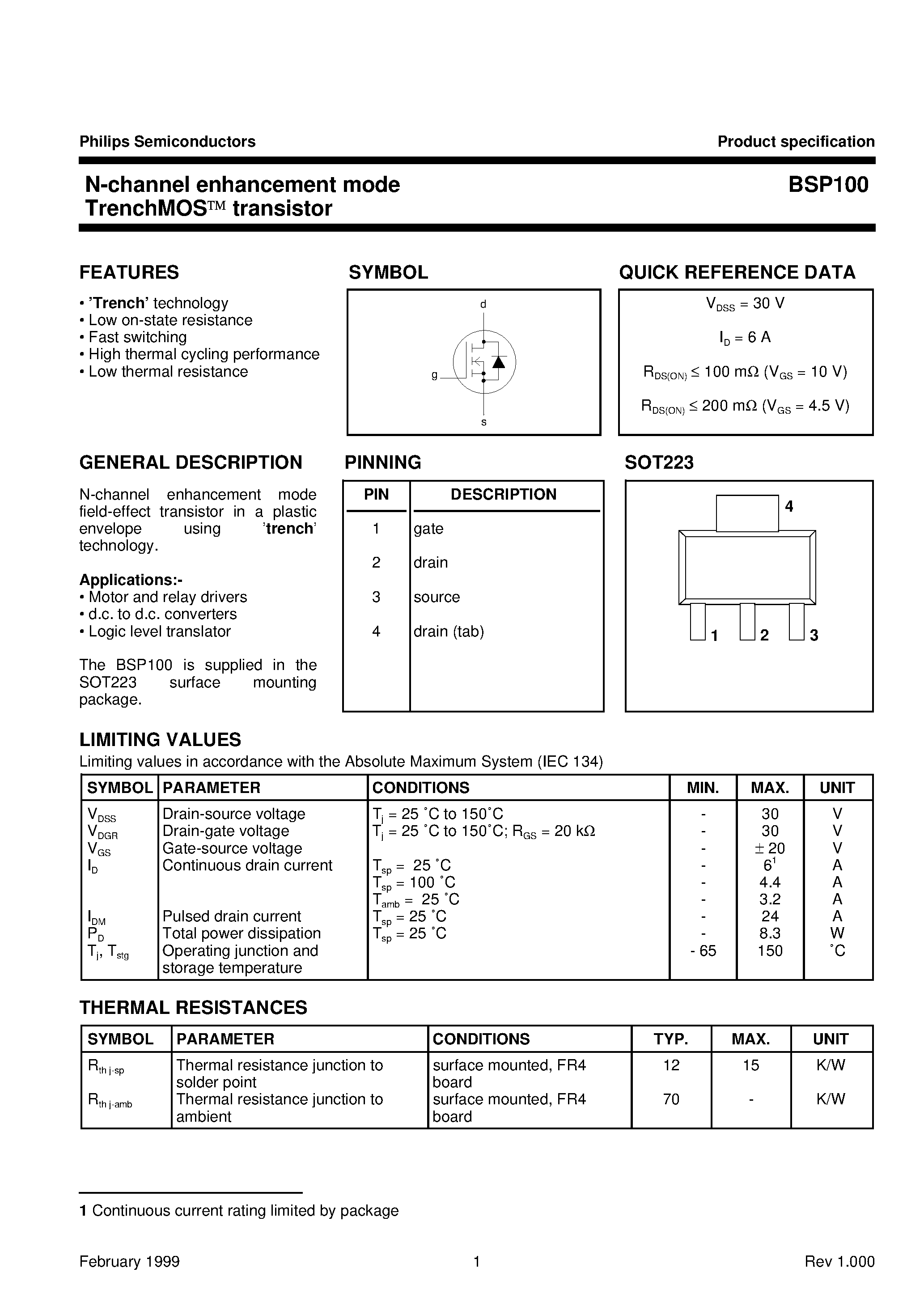 Datasheet BSP100 - N-channel enhancement mode TrenchMOS transistor page 1