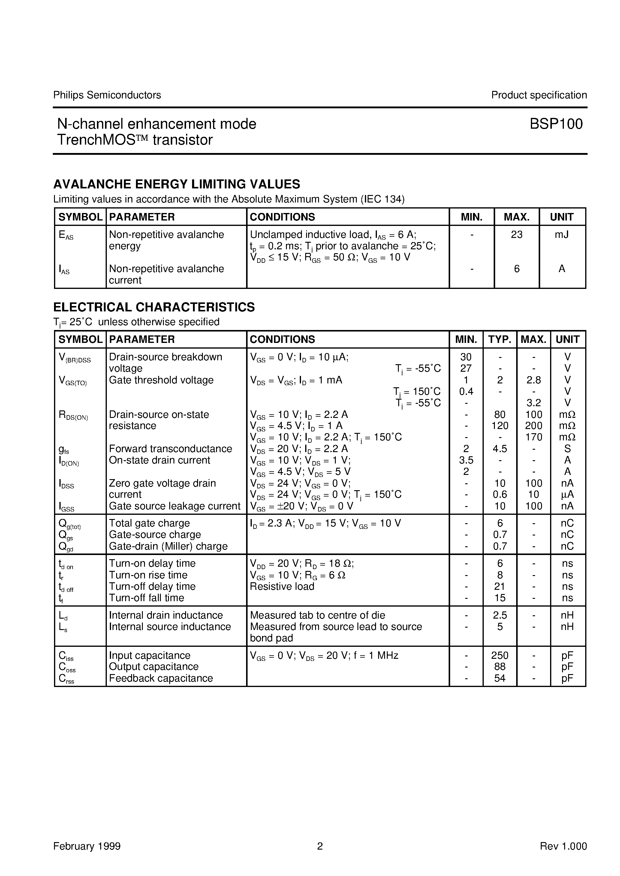 Datasheet BSP100 - N-channel enhancement mode TrenchMOS transistor page 2