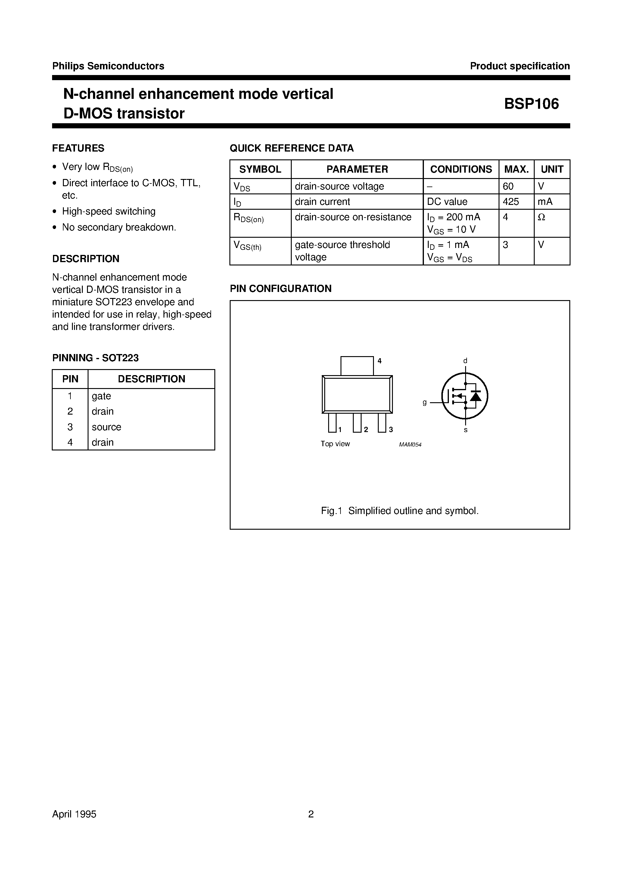 Даташит BSP106 - N-channel enhancement mode vertical D-MOS transistor страница 2