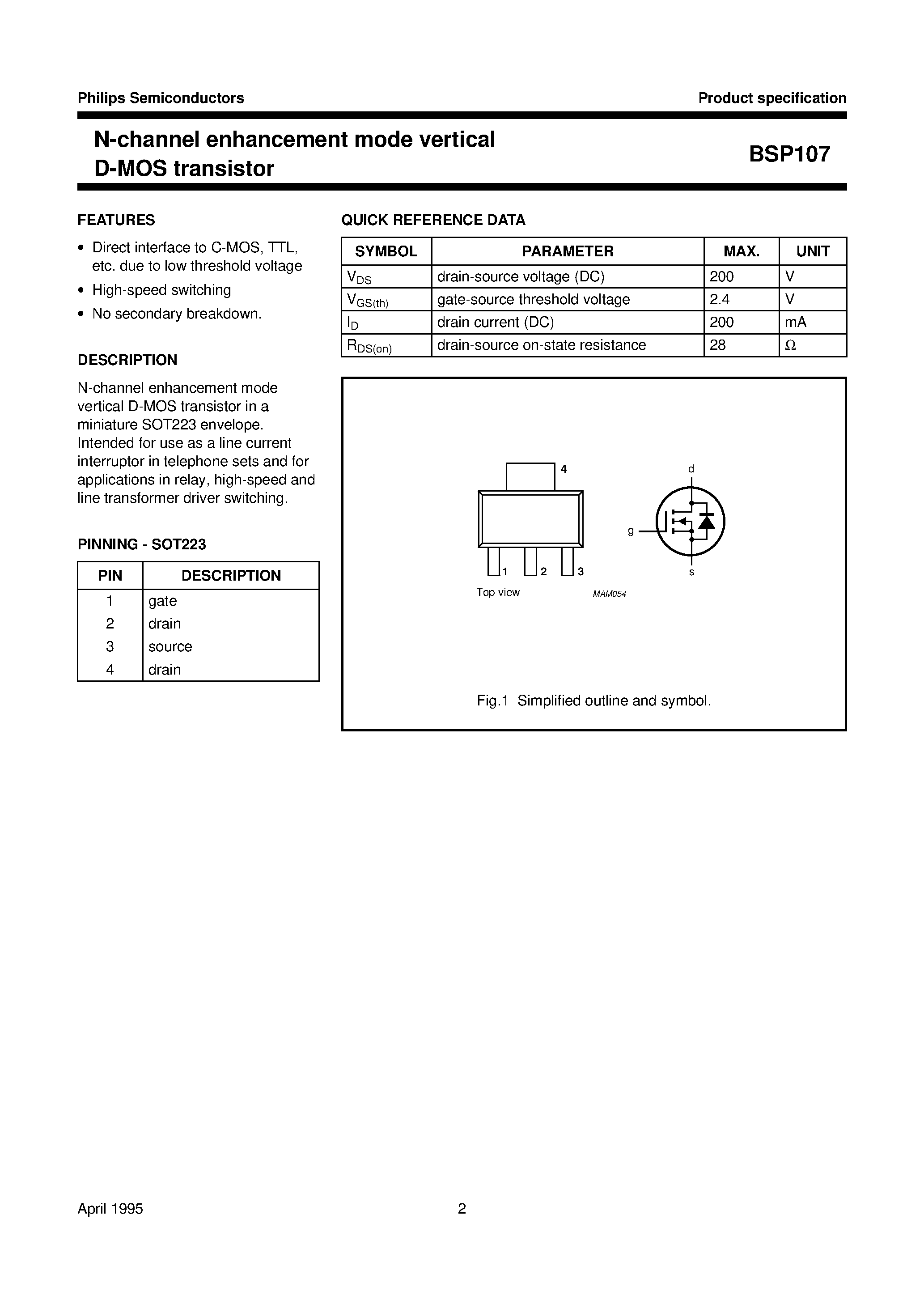 Даташит BSP107 - N-channel enhancement mode vertical D-MOS transistor страница 2